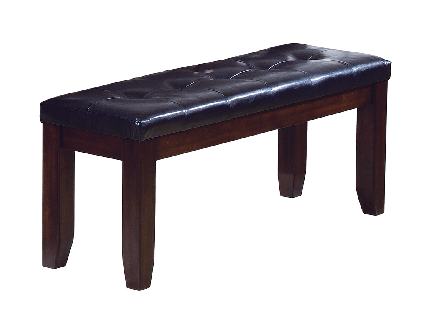 Tufted black faux leather bench with dark wood legs