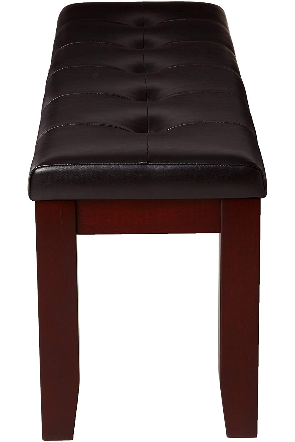 Tufted dark brown faux leather bench with mahogany wood legs