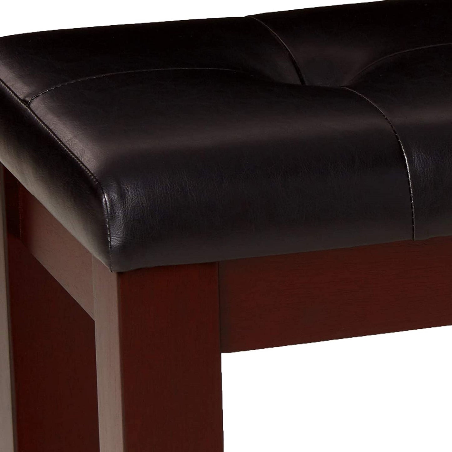 Black leather tufted bench seat with mahogany wooden legs for piano use