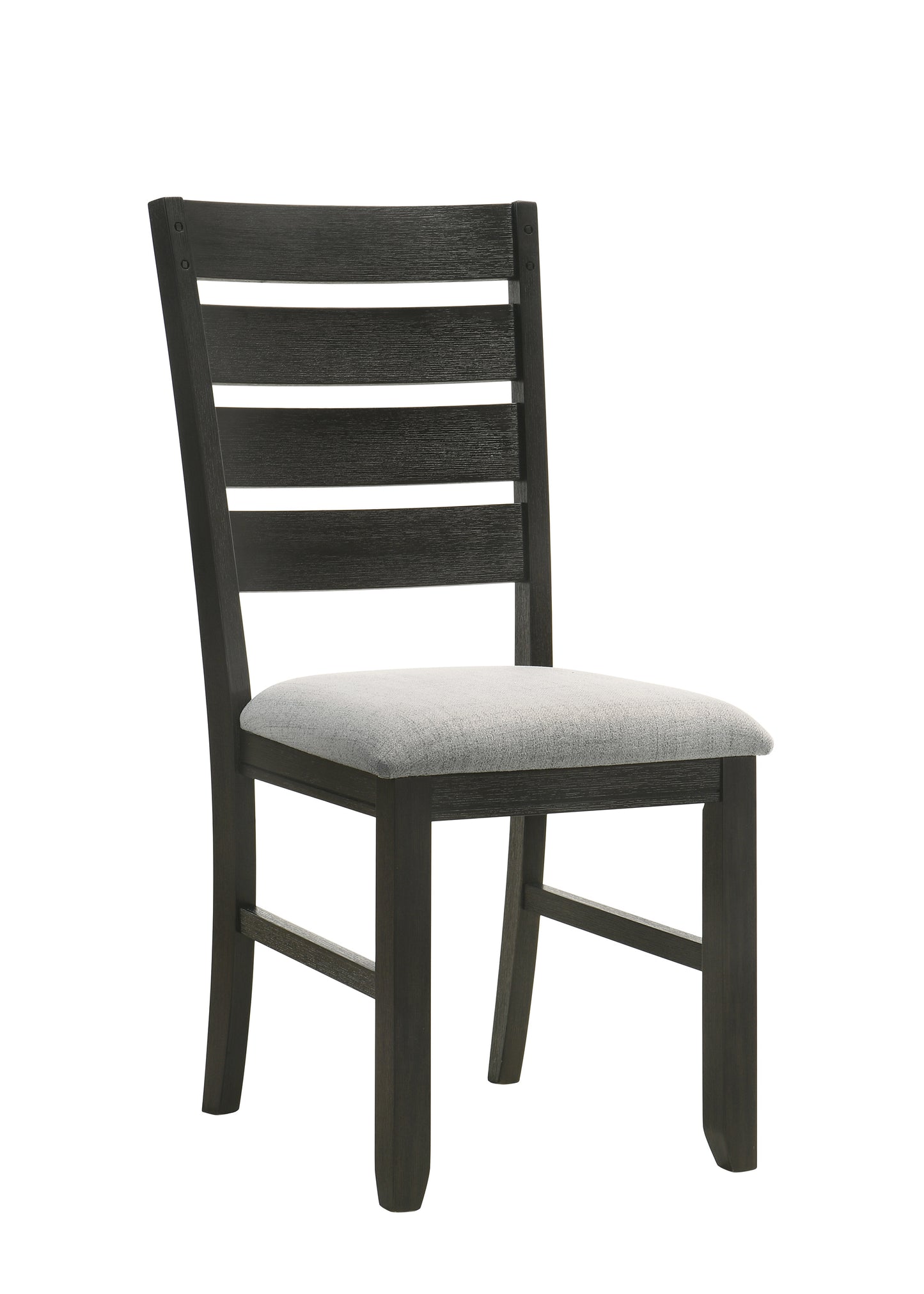 Dark wood ladder back dining chair with a light gray upholstered seat