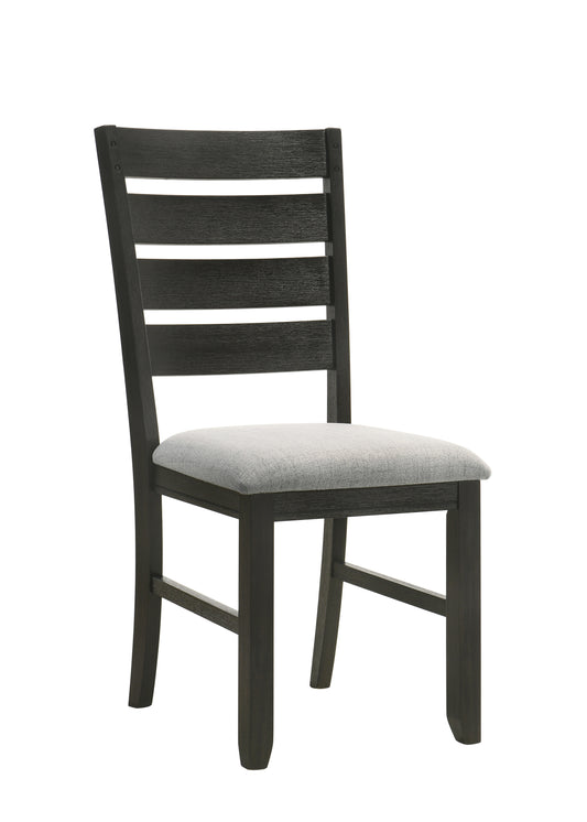 Dark wood ladder back dining chair with a light gray upholstered seat