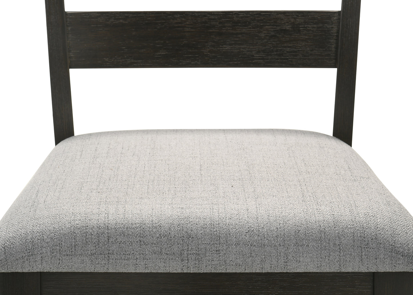 Dark wood dining chair with light gray upholstered seat