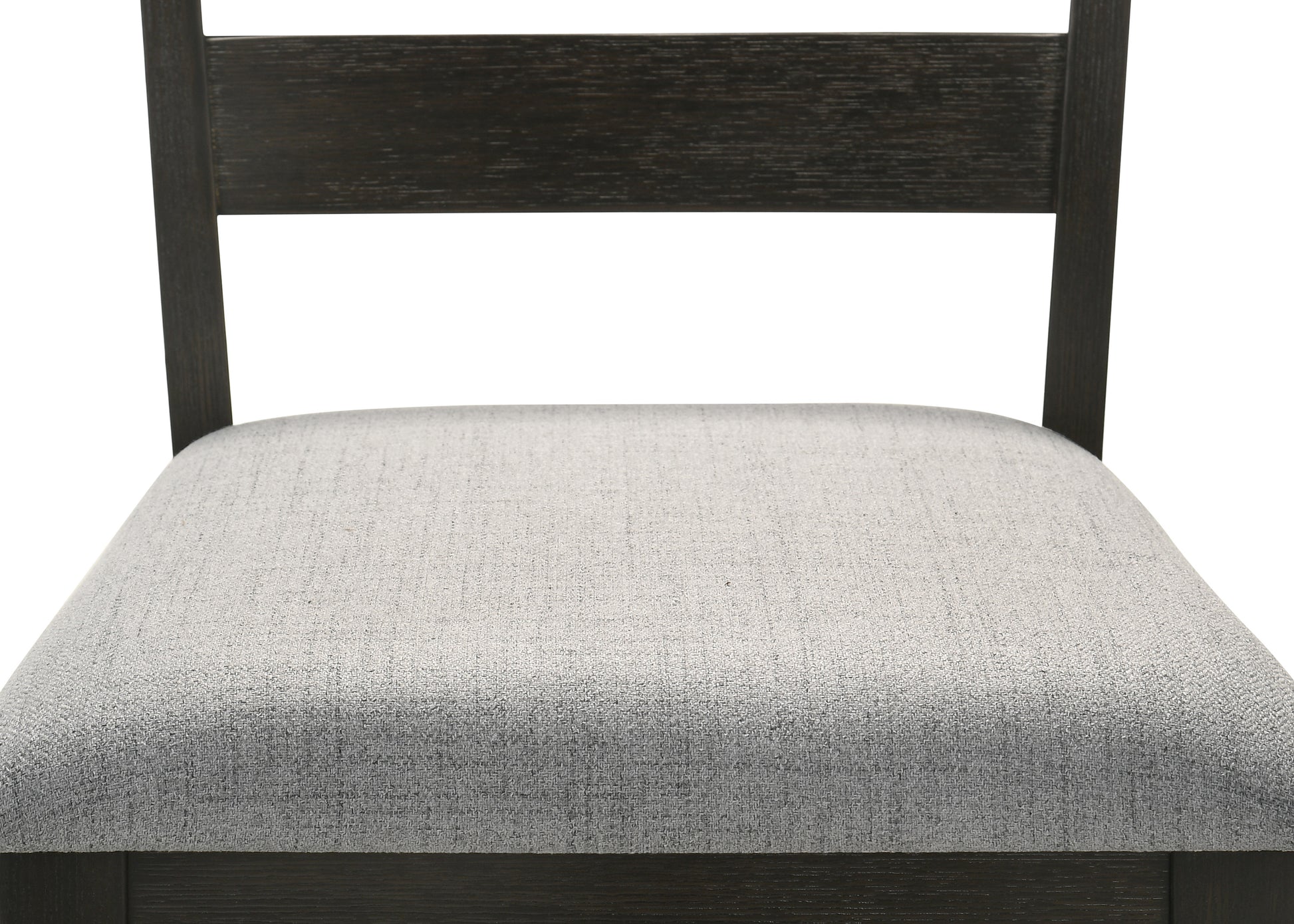 Dark wood dining chair with light gray upholstered seat
