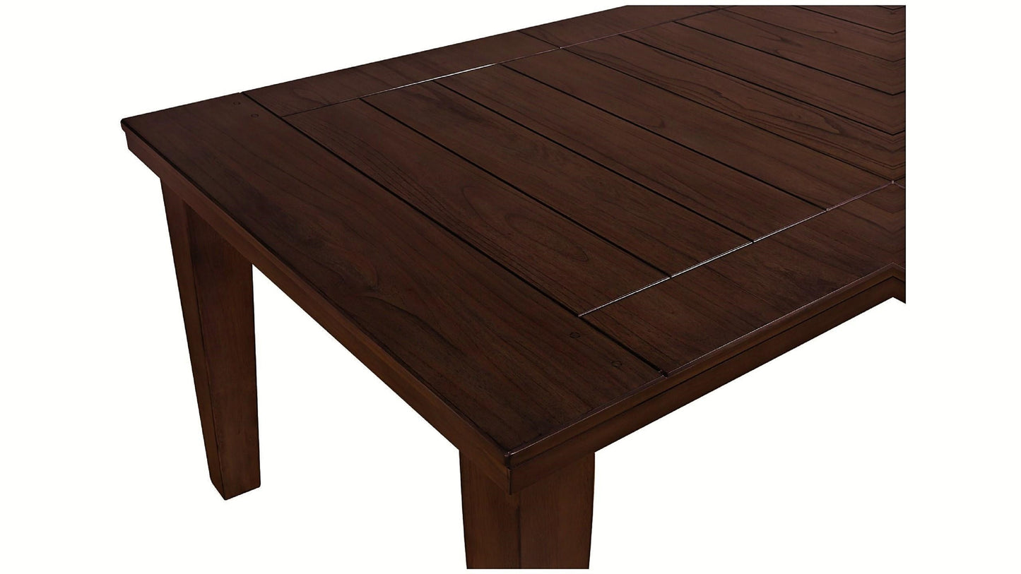 Dark walnut wood dining table with planked surface and clean lines