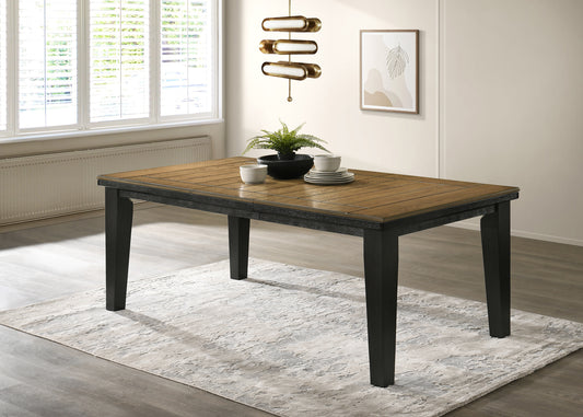 Modern dining table with warm wood planks and black legs