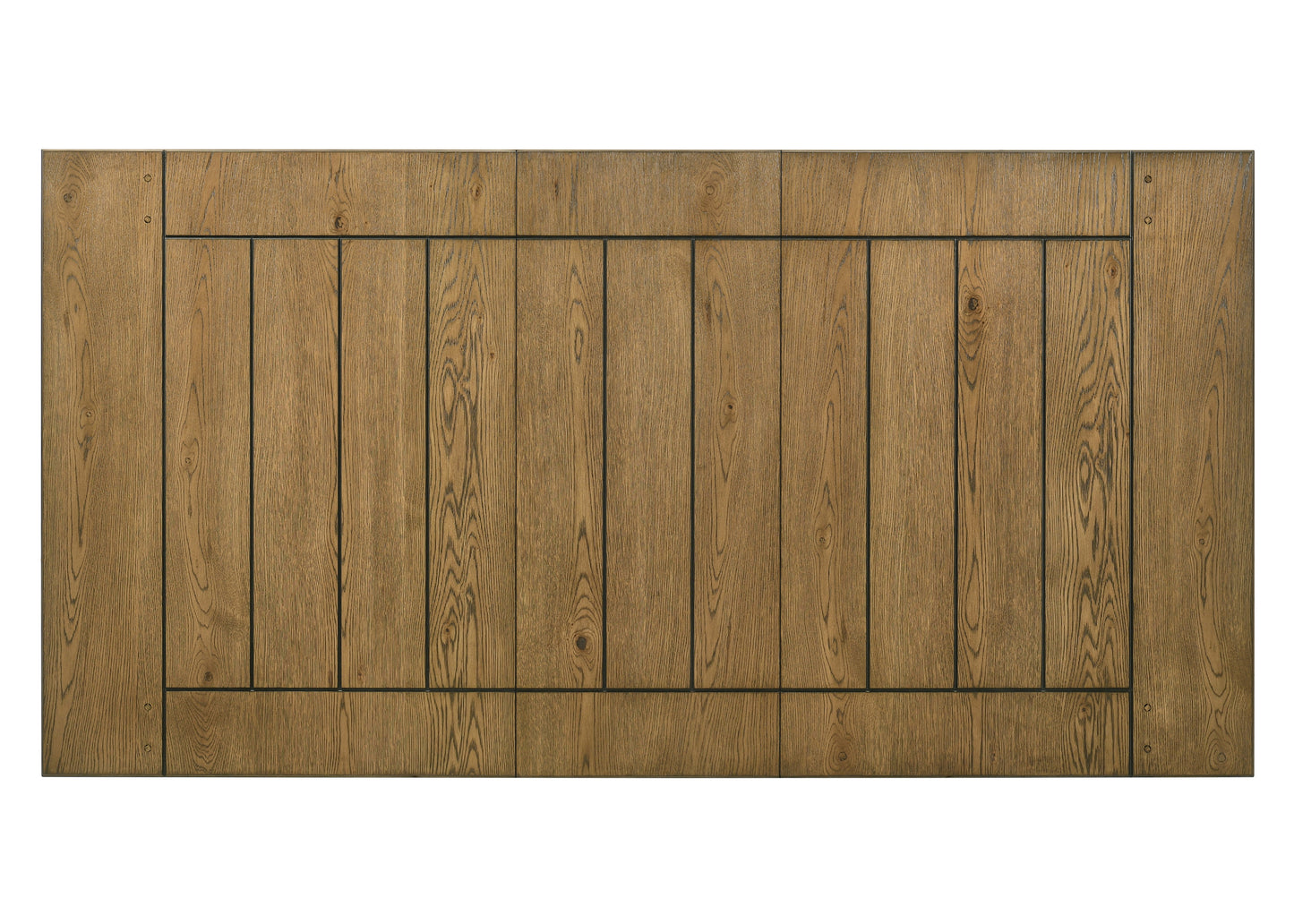 Rustic oak wood dining table top with dark metal inlay detail