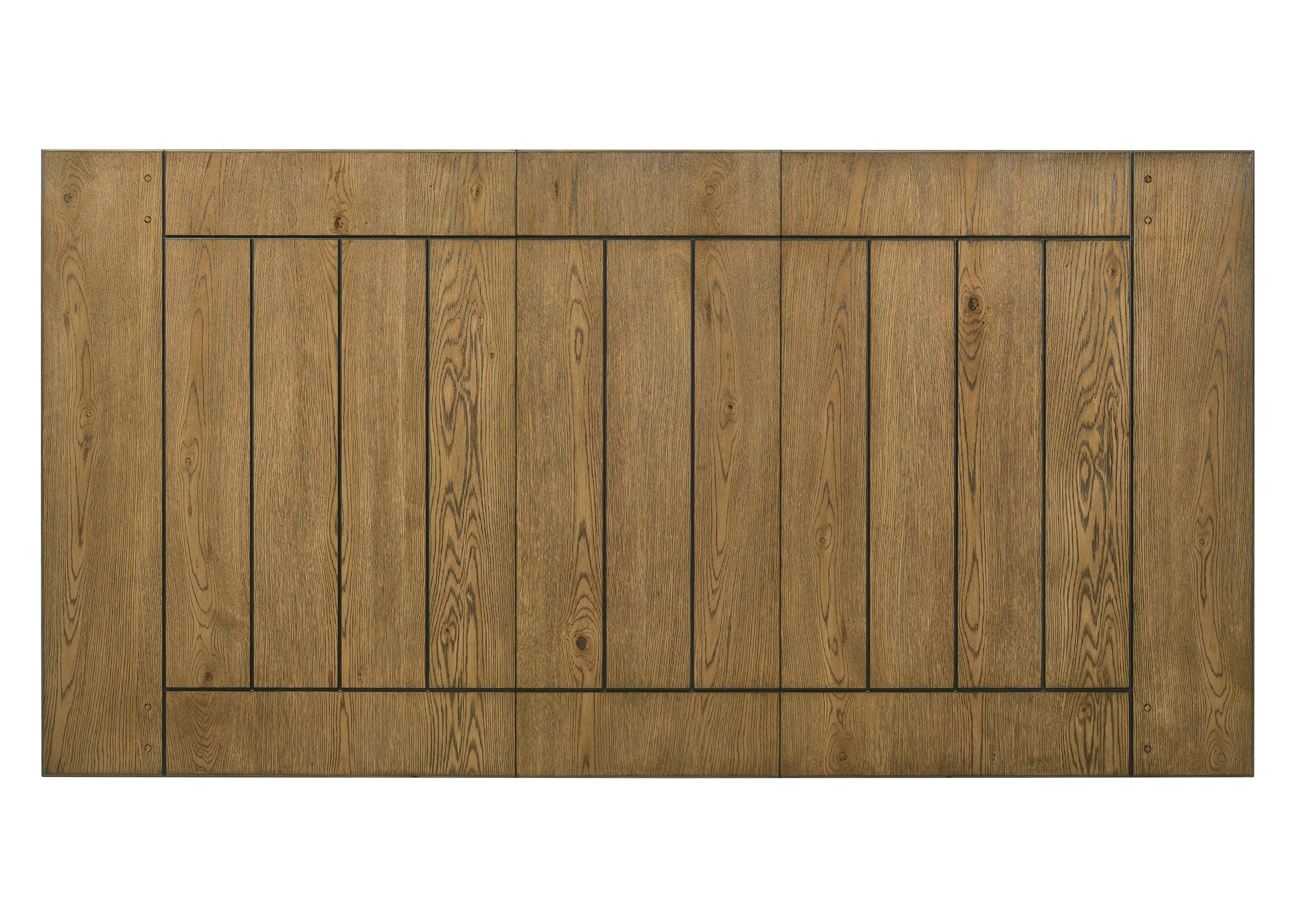 Rustic oak wood dining table top with dark metal inlay detail