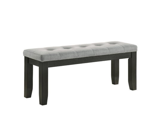 Tufted grey fabric bench with dark wood legs