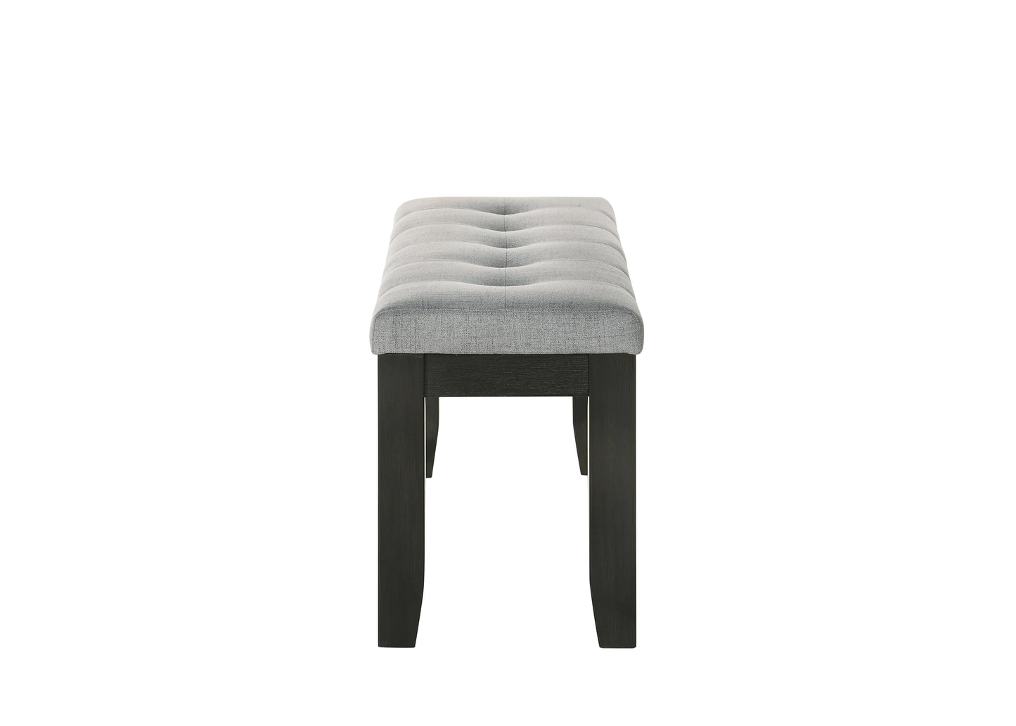 Tufted grey fabric bench with dark wood legs