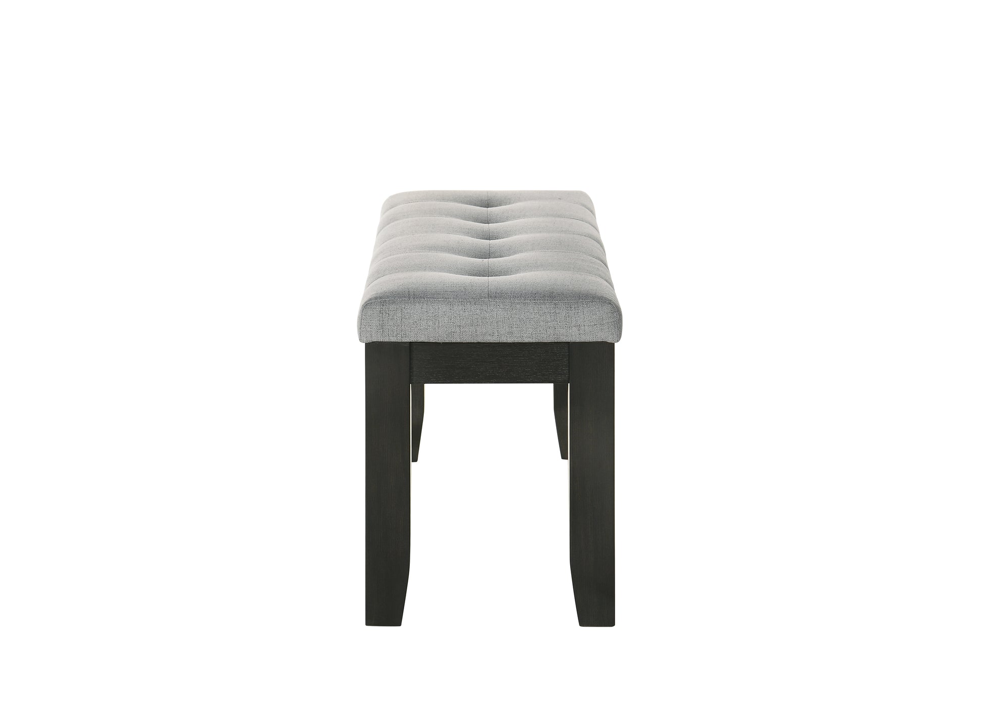 Tufted grey fabric bench with dark wood legs