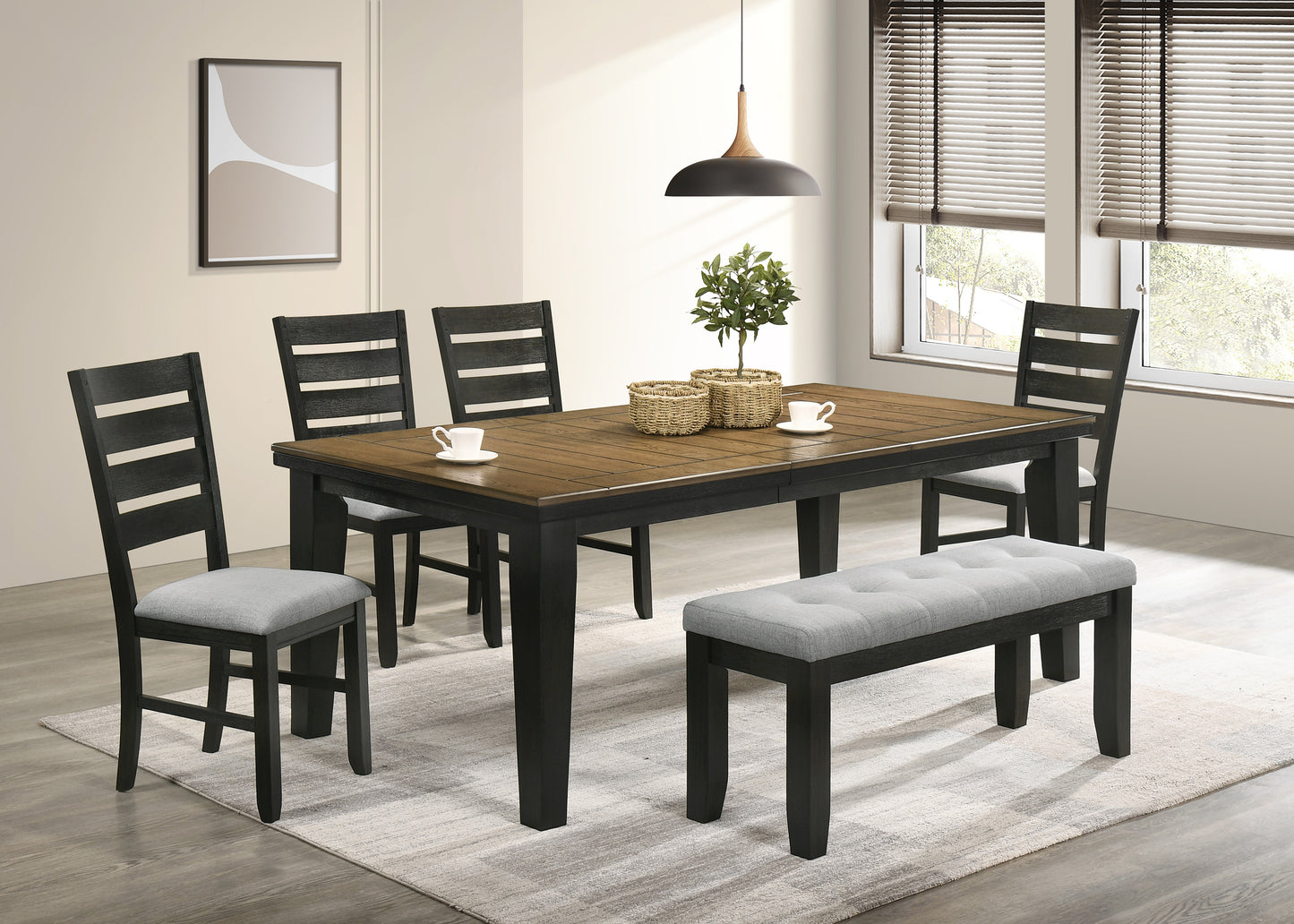 Dark wood dining table with slatted black chairs and grey bench