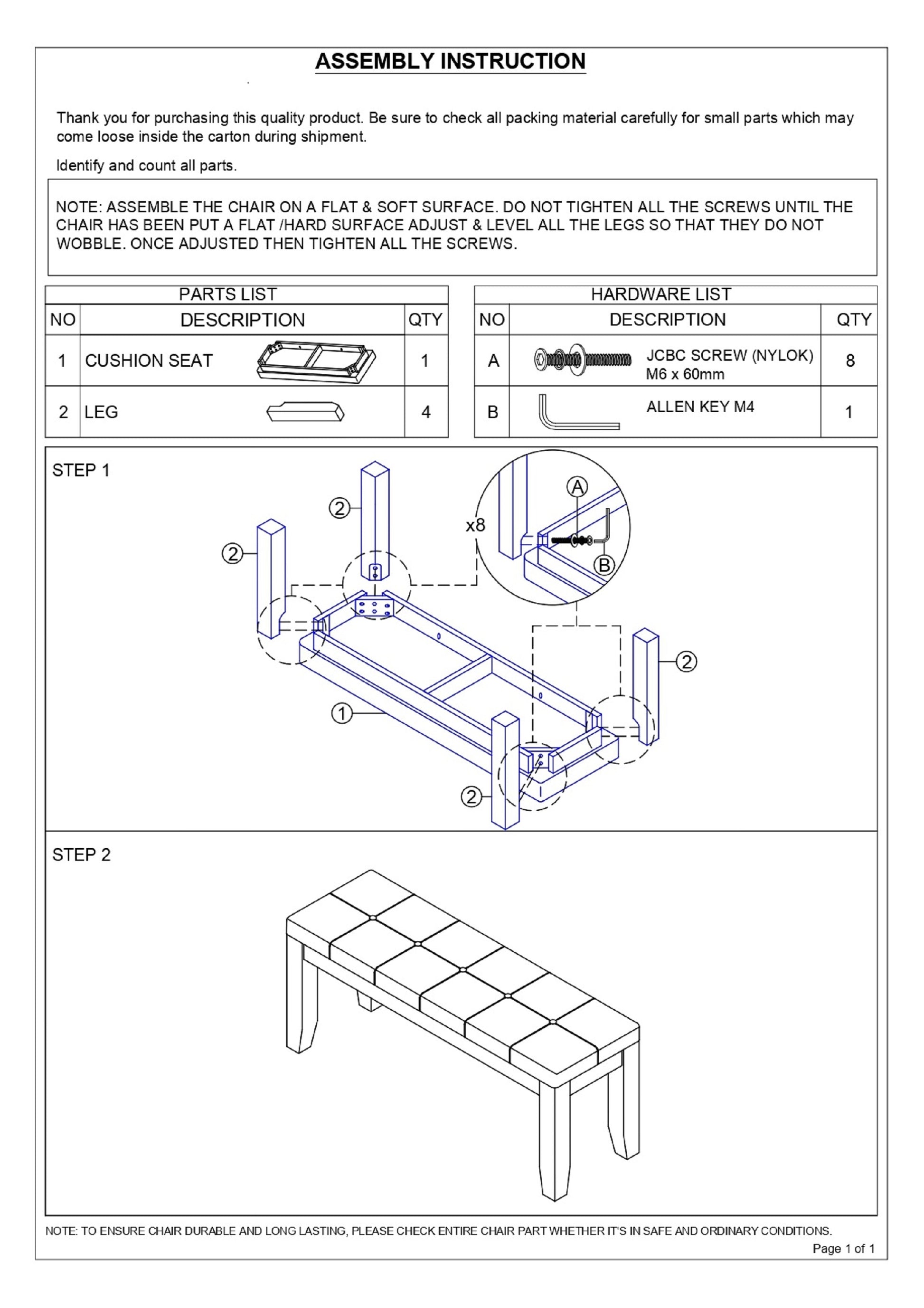 Assembly instructions showing parts list for a cushion seat and legs