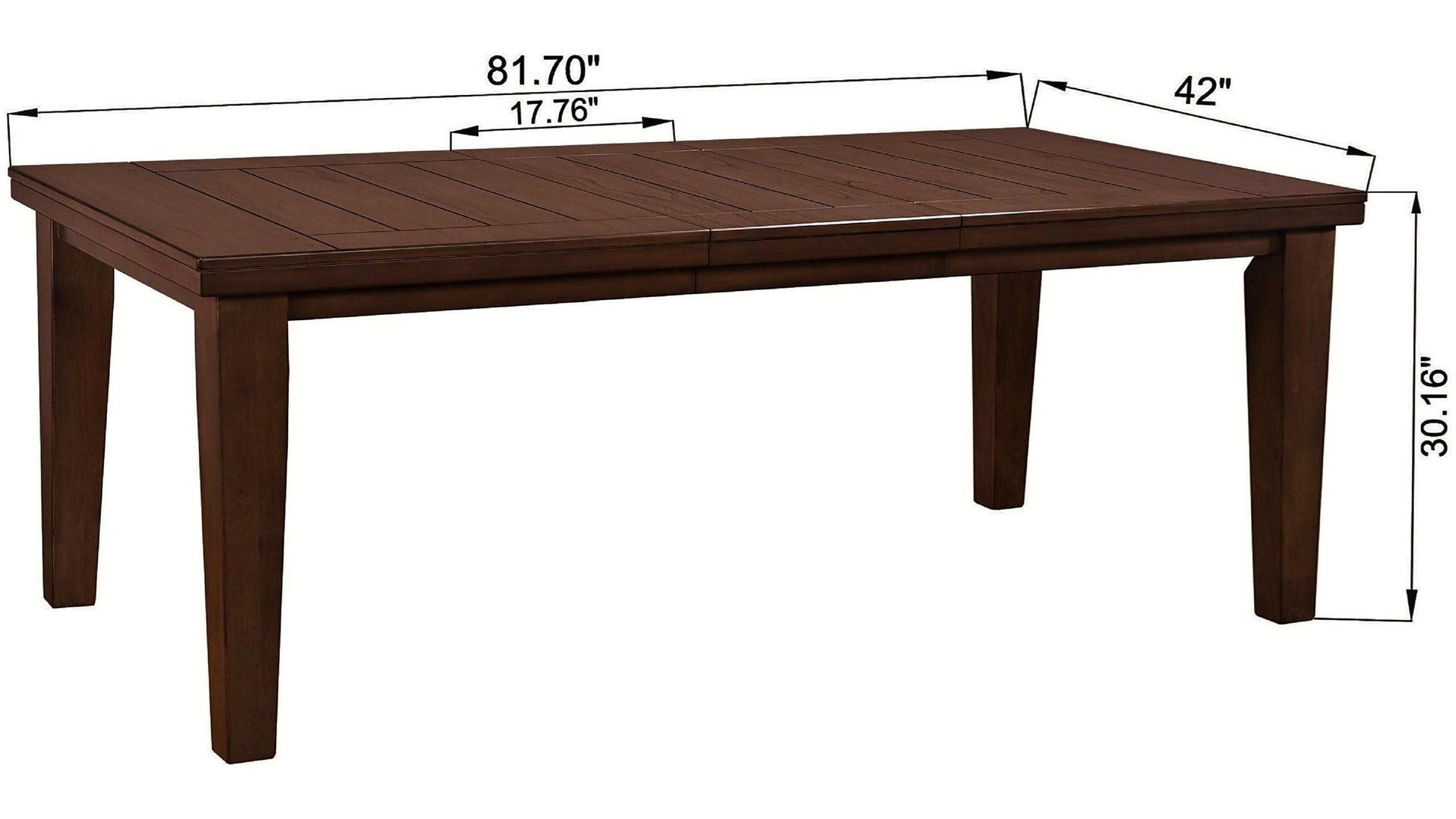 Dark brown rectangular dining table with planked top and tapered legs