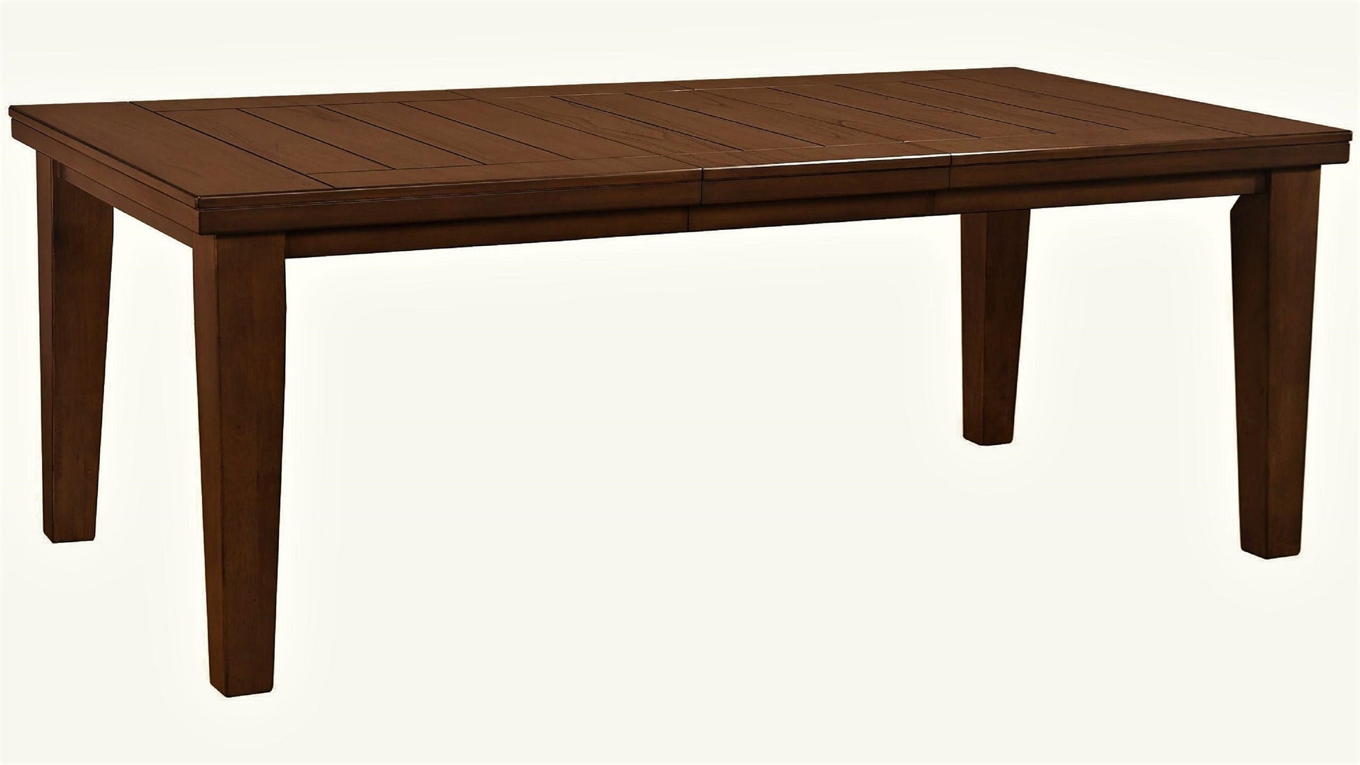 Dark brown wood dining table with slatted top and tapered legs