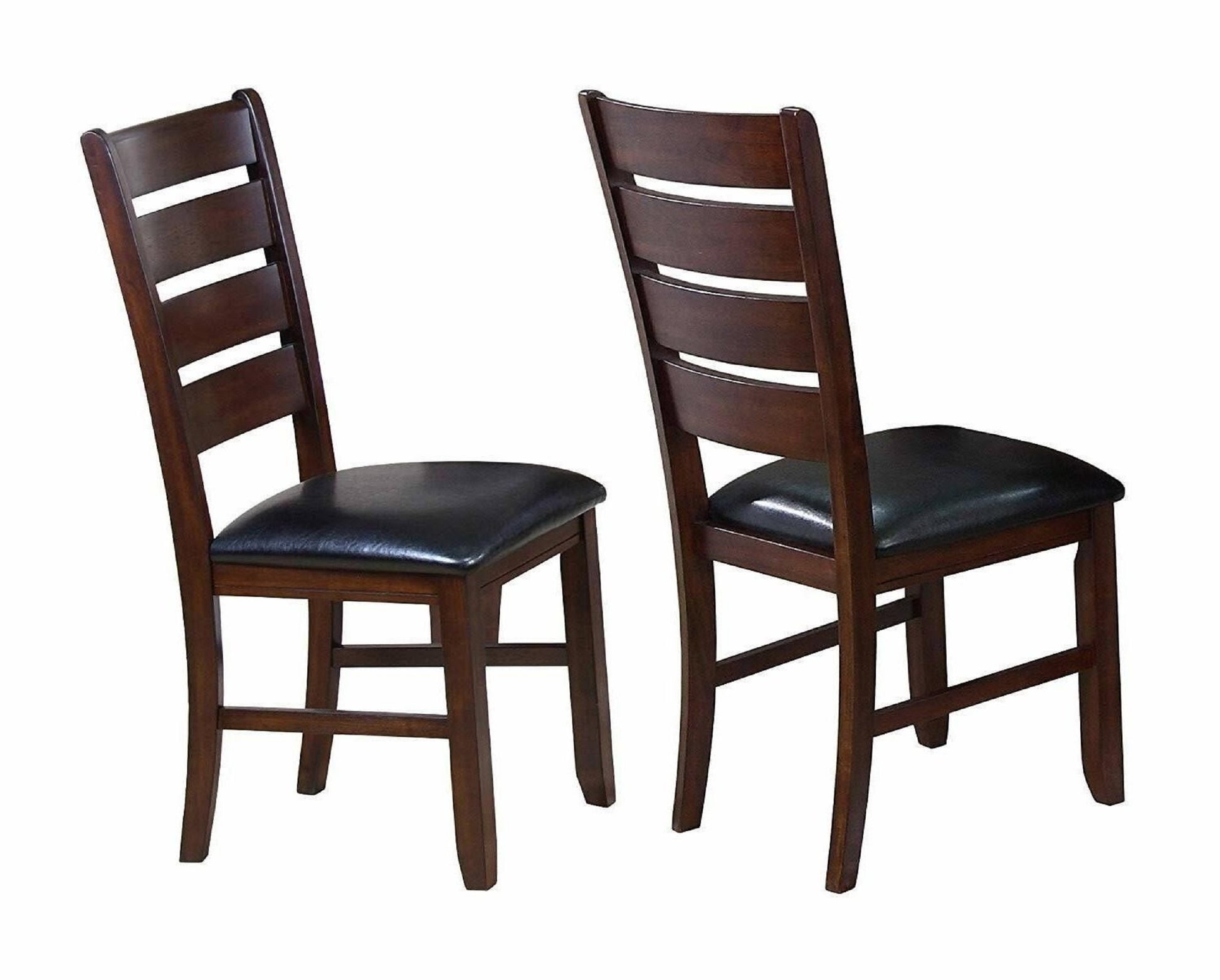 Two dark brown wooden dining chairs with black padded seats and ladder backs