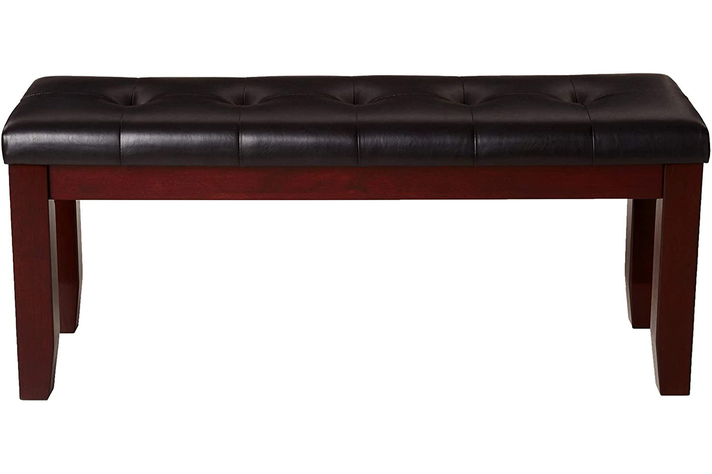 Tufted black faux leather bench with dark wood frame