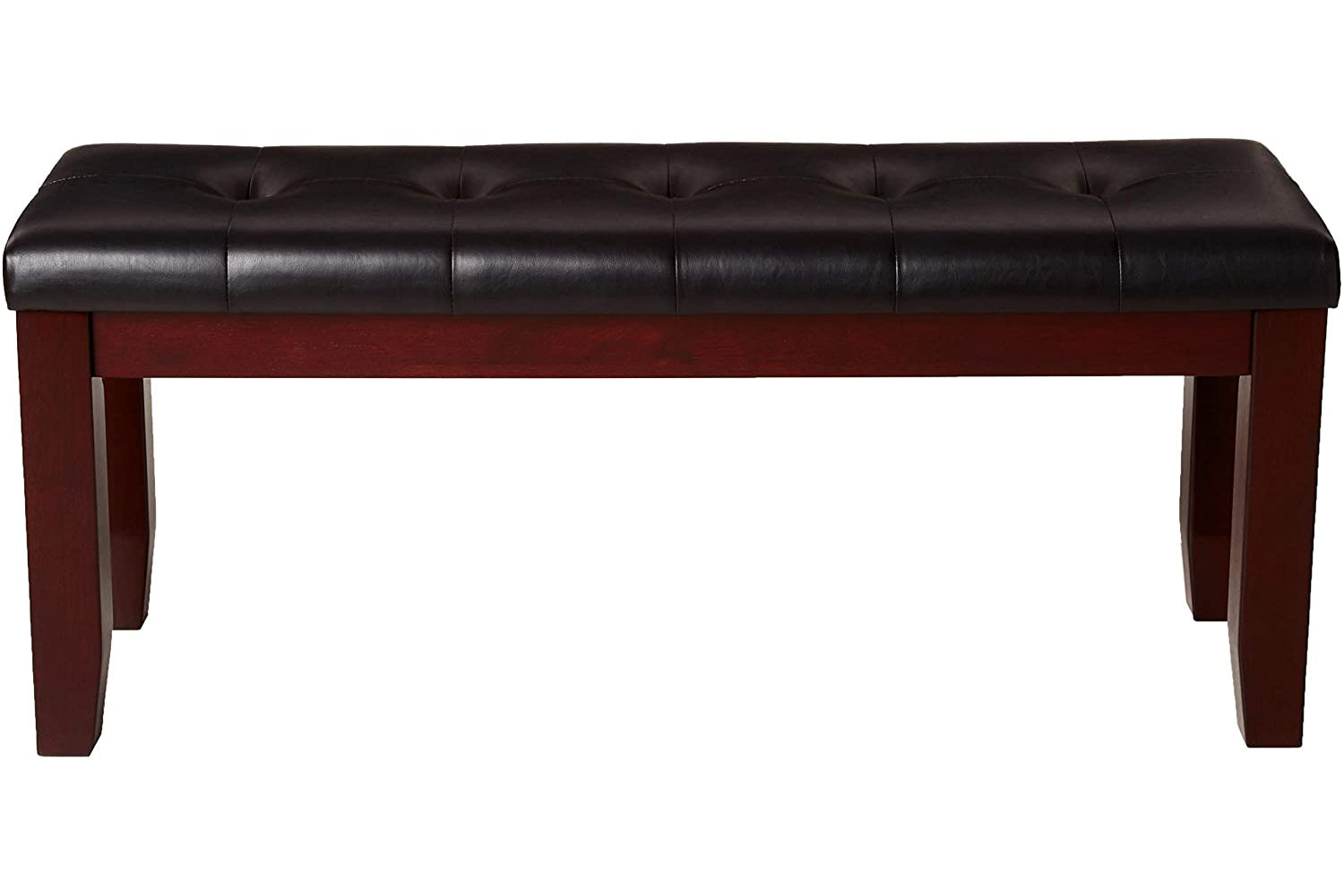 Tufted black faux leather bench with dark wood frame