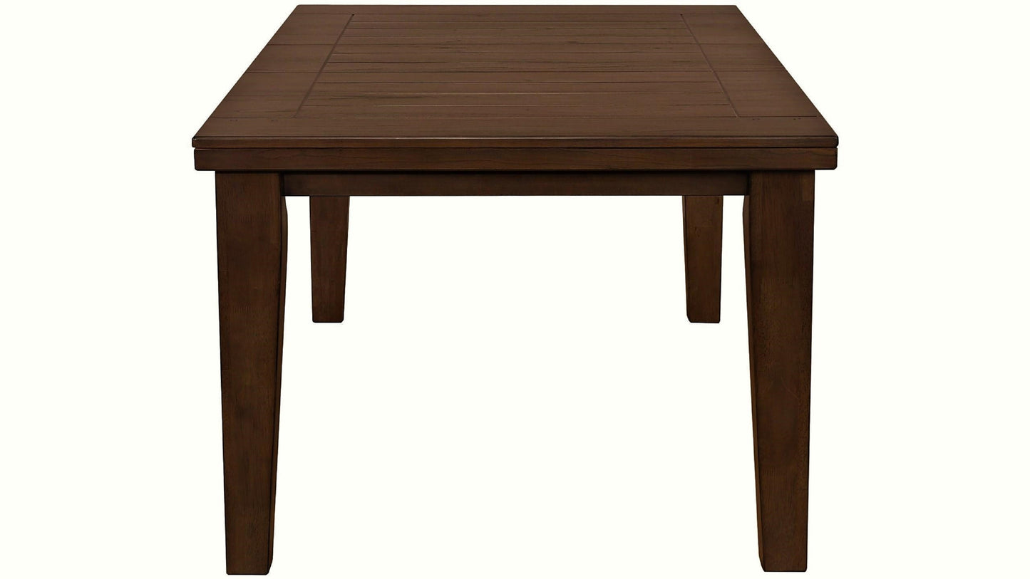 Dark brown wooden dining table with planked surface