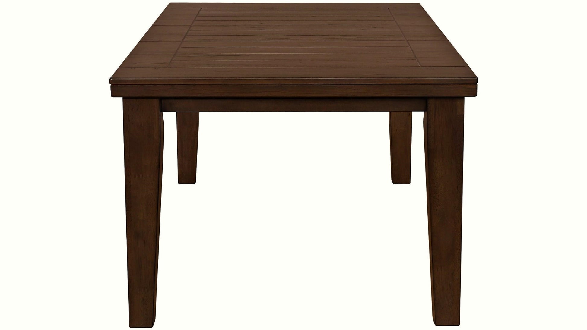 Dark brown wooden dining table with planked surface