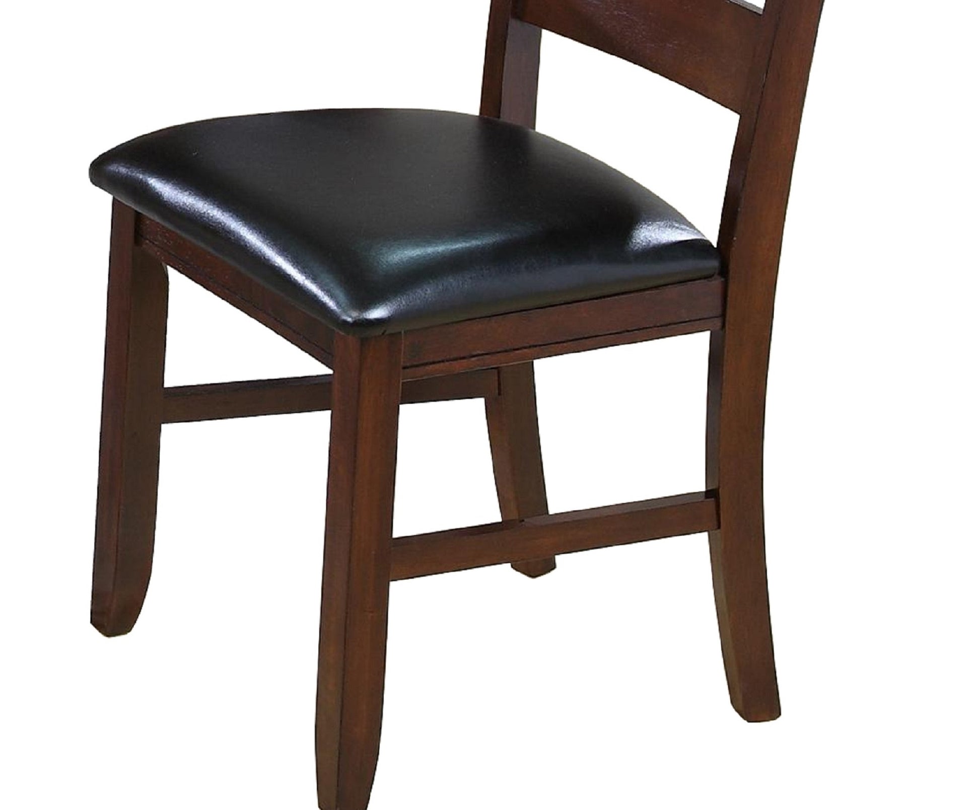 Dark brown wooden counter stool with black faux leather seat