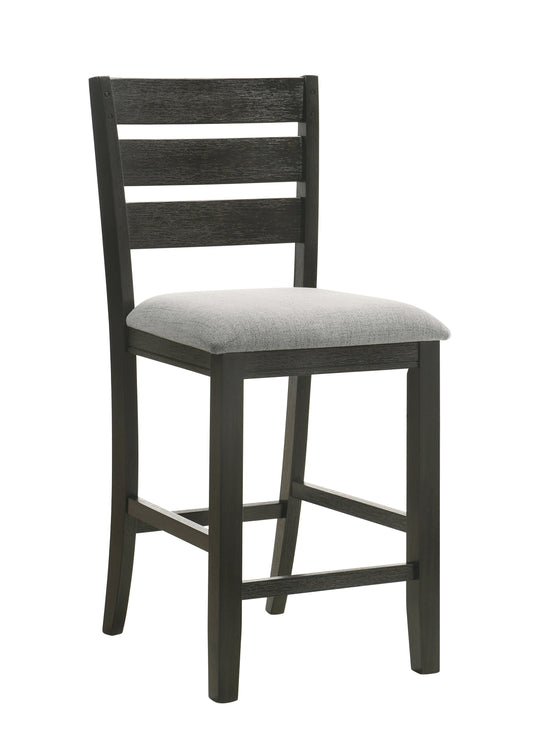 Dark oak wood counter stool with upholstered gray seat and slatted back