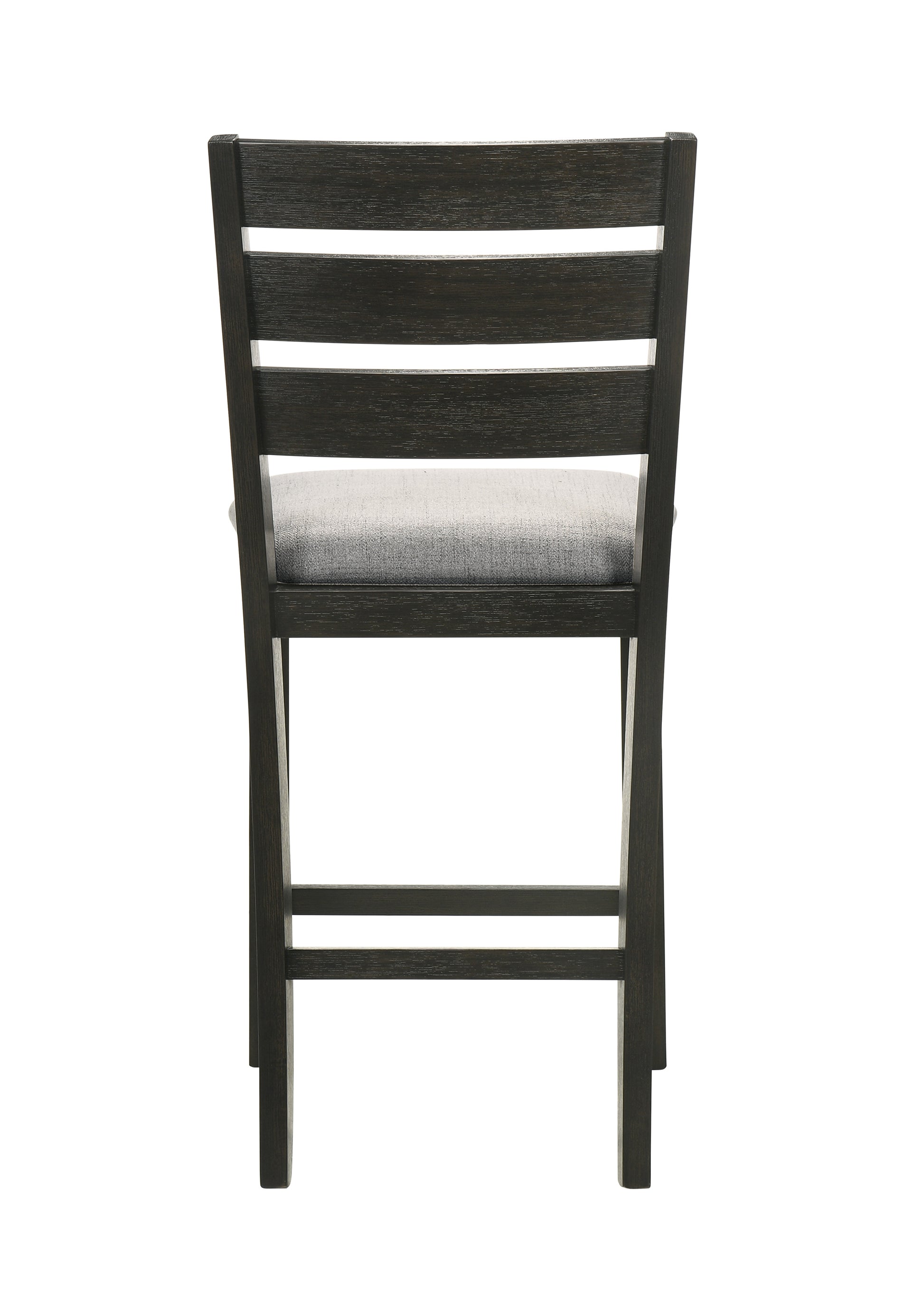 Dark wood counter stool with light gray upholstered seat and slatted back