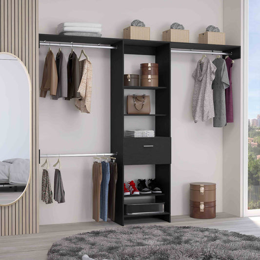 Black modular closet system with hanging clothes shoes and storage boxes
