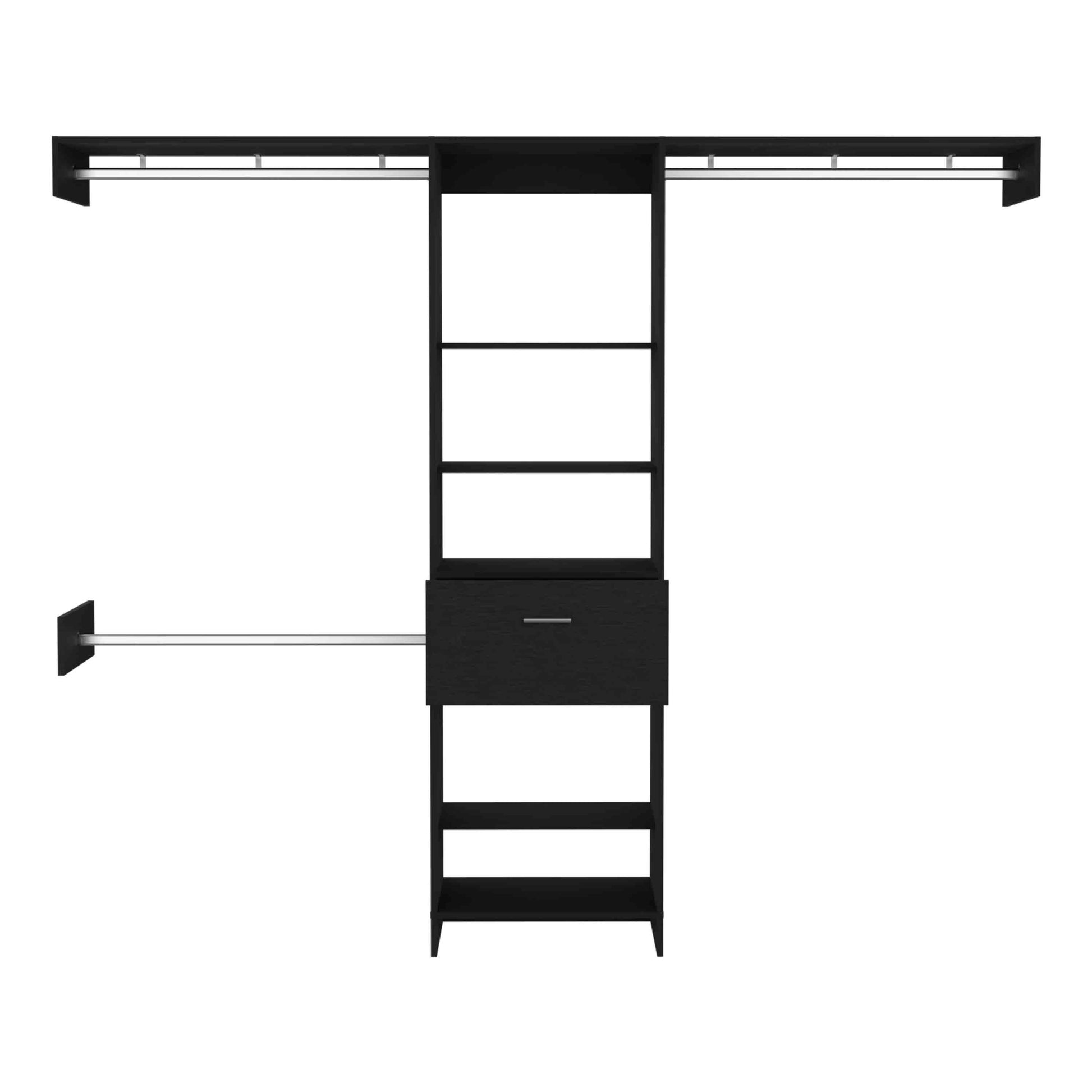 Black modular closet system with shelves and a drawer