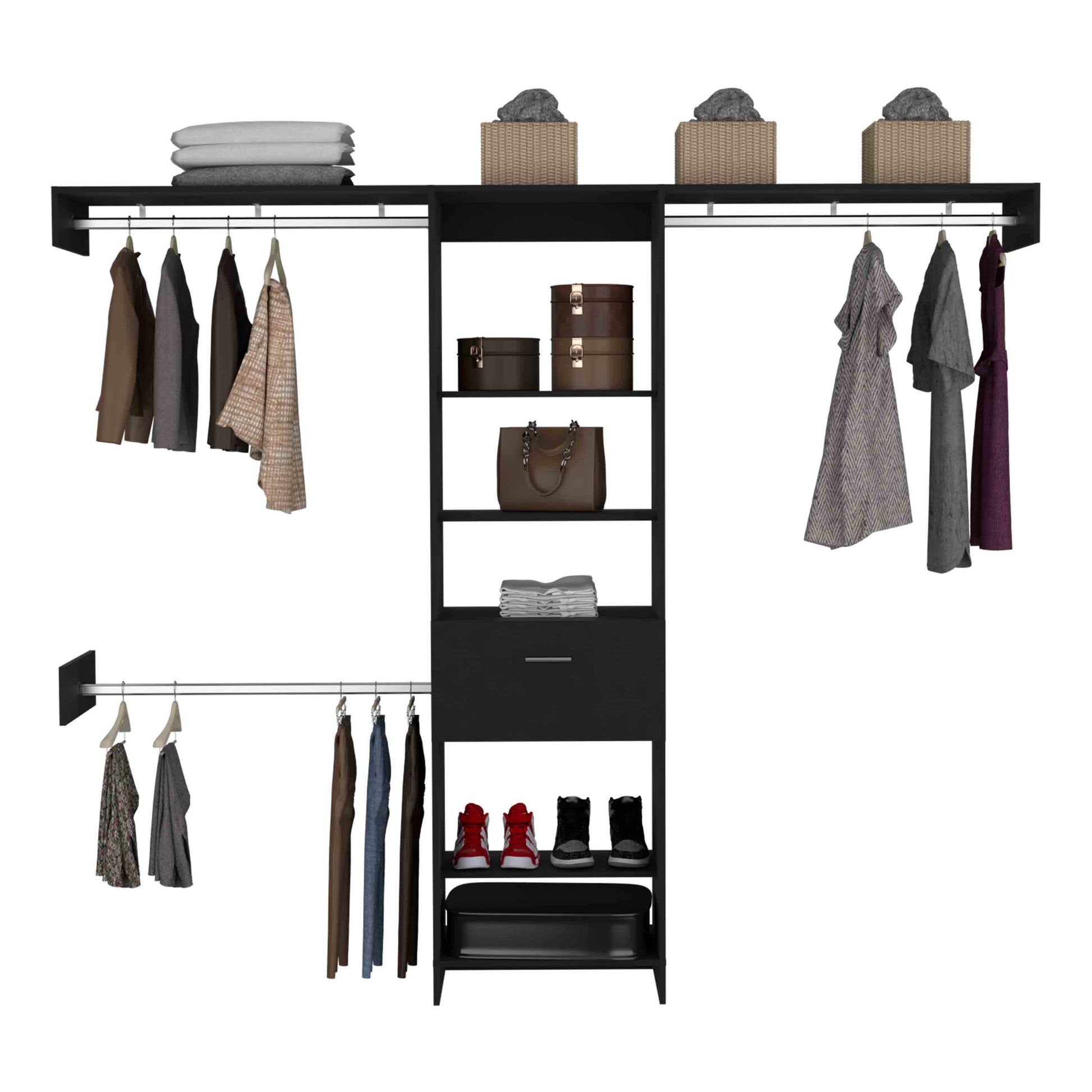 Stacked grey and white towels on black shelf
