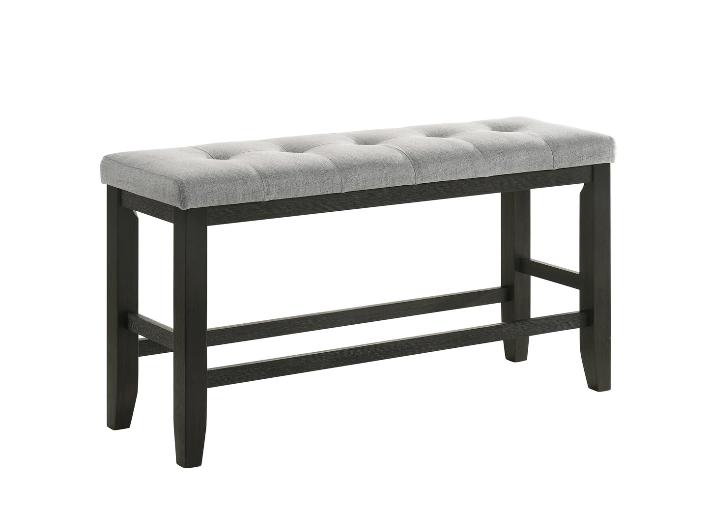 Gray tufted upholstered bench with dark wood frame
