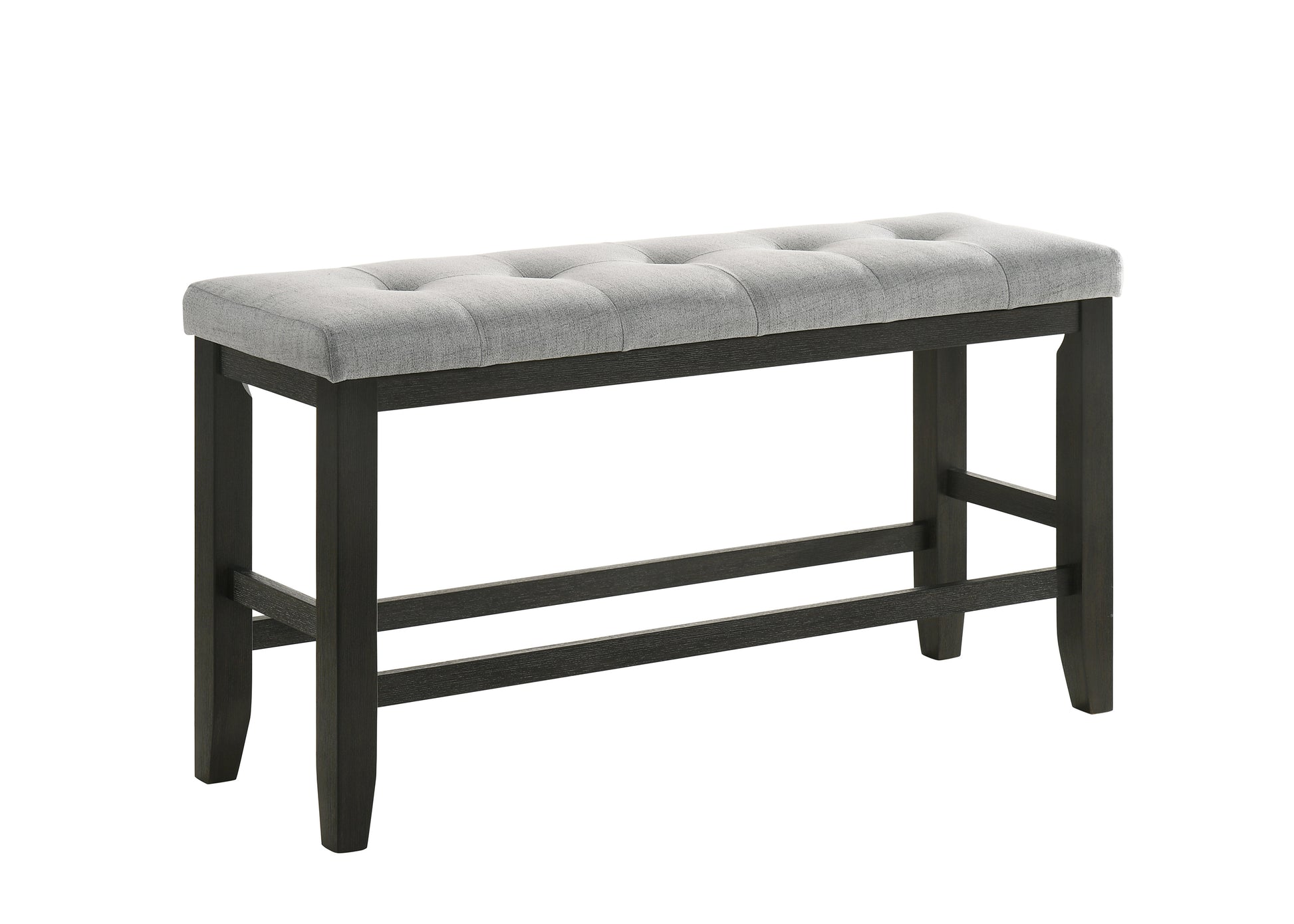 Gray tufted upholstered bench with dark wood frame
