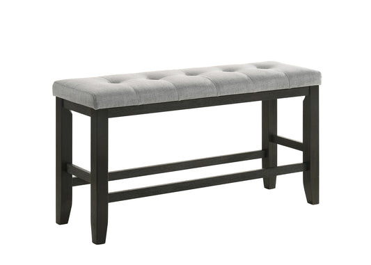 Gray tufted upholstered bench with dark wood frame