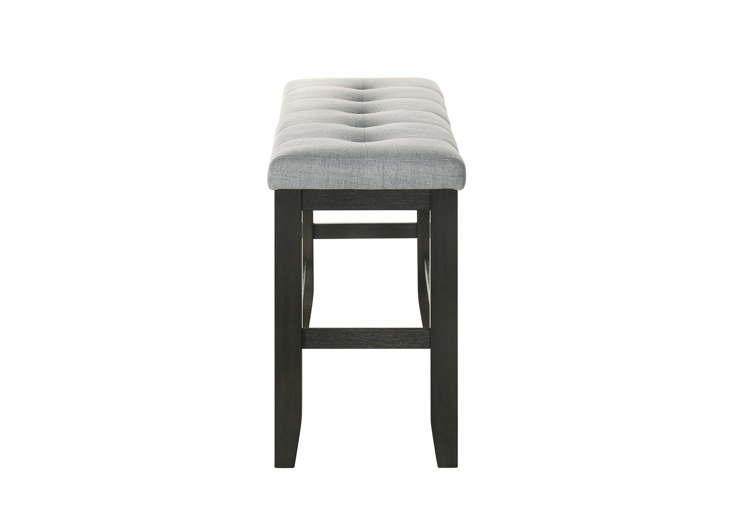 Tufted grey fabric upholstered bar stool with dark wood frame side view