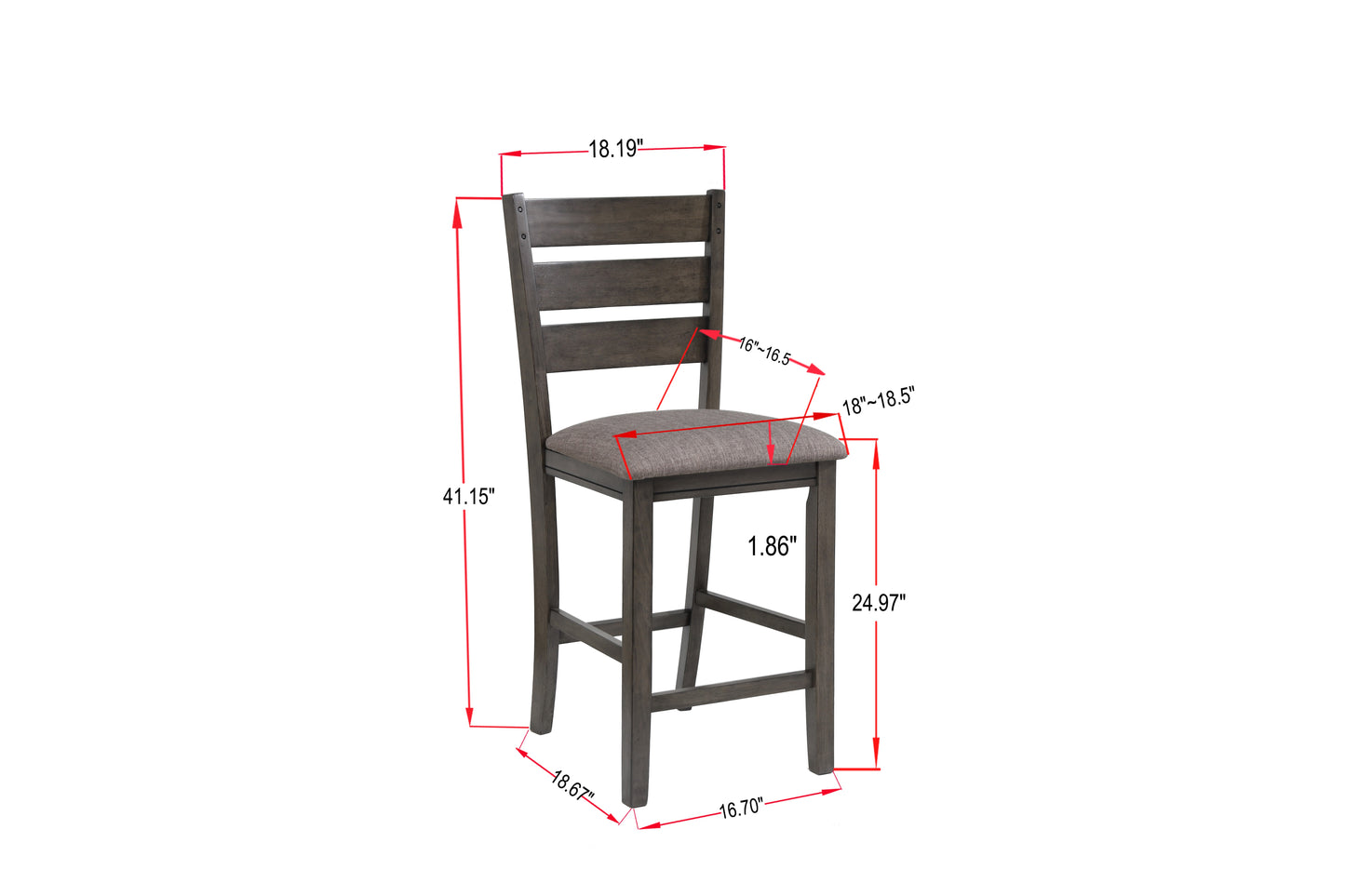 Dark gray wooden counter stool with upholstered seat and slatted backrest