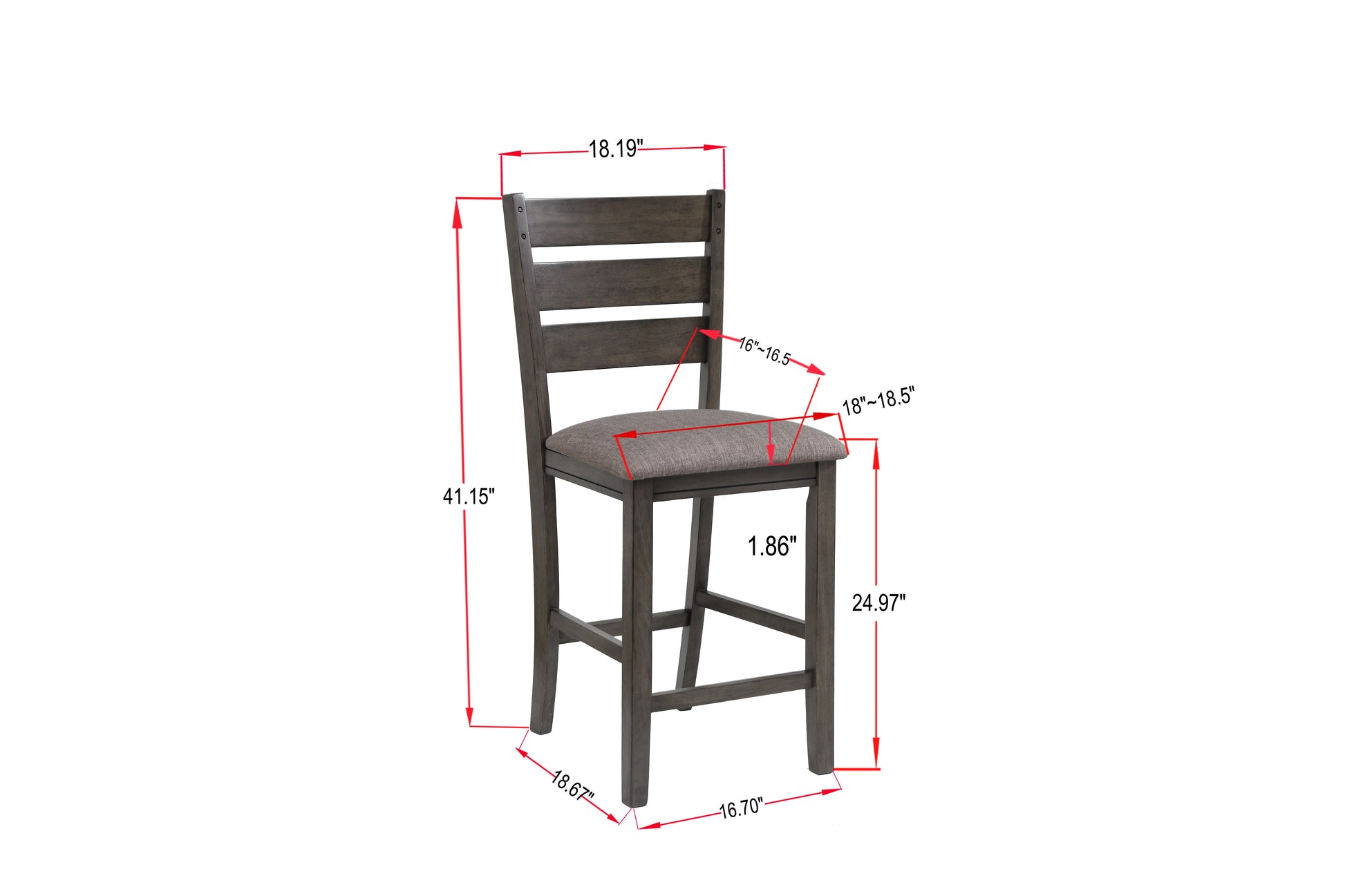 Dark gray wooden counter stool with upholstered seat and slatted backrest
