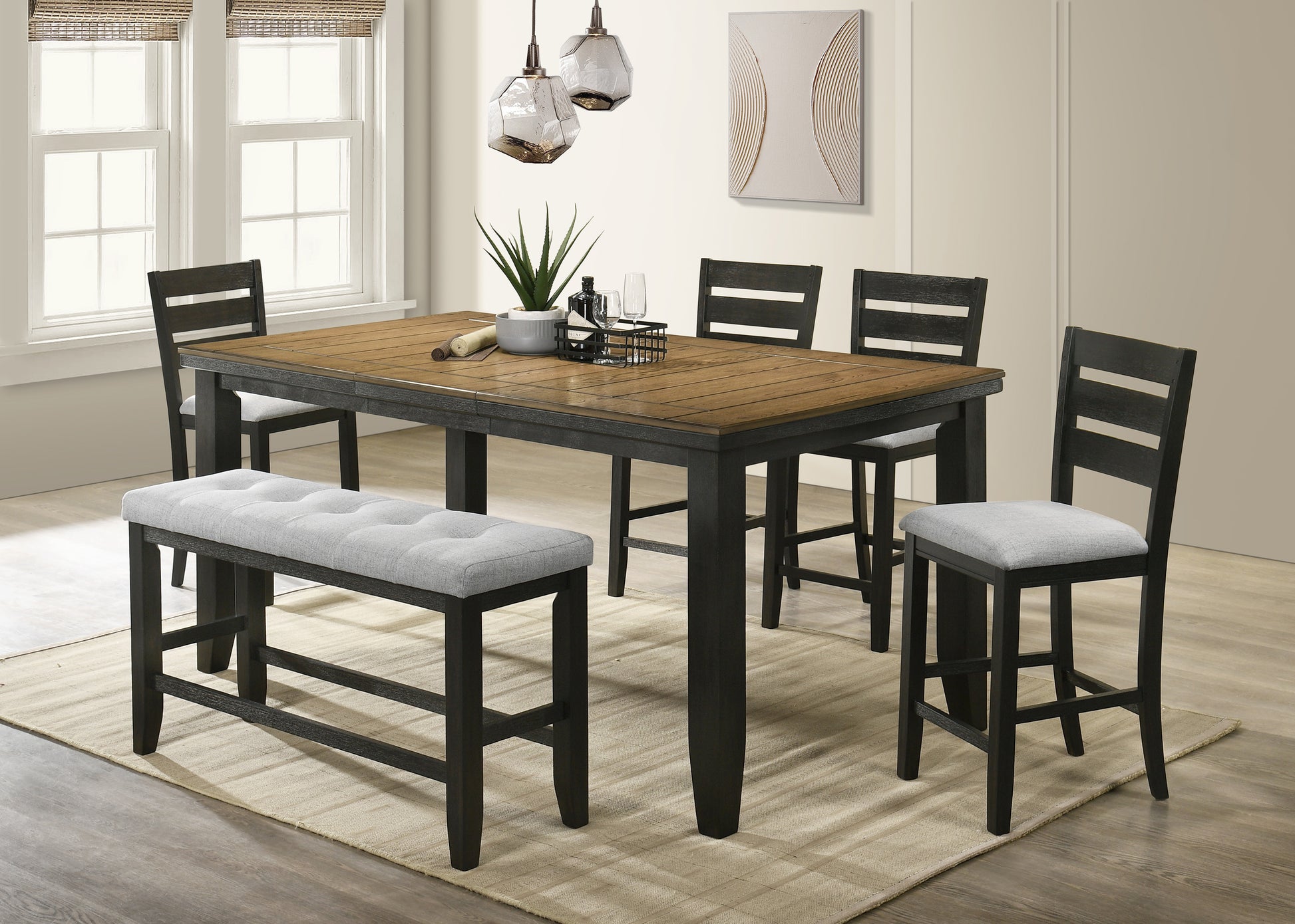 Rustic oak wood and dark gray dining set with upholstered bench and stools