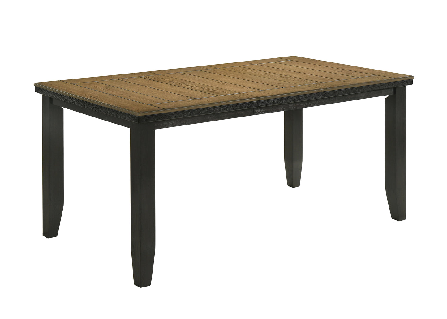 Rectangular wooden dining table with dark base and woodgrain top