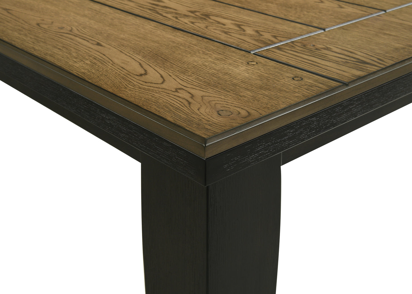 Closeup of a rustic wood table top with dark metal accents
