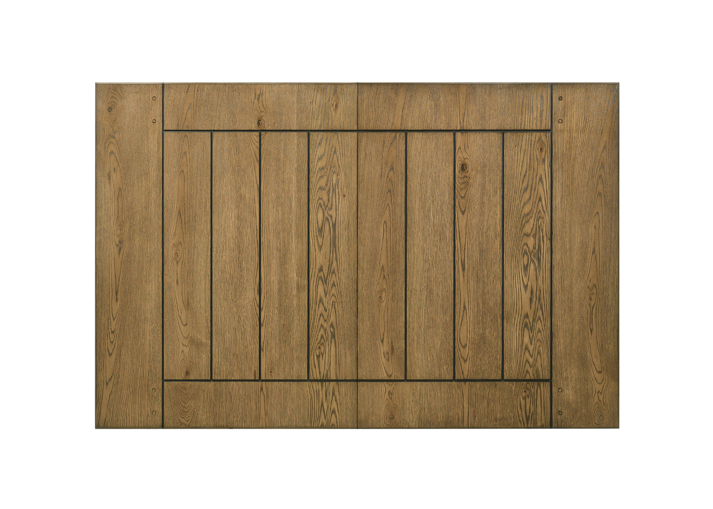 Rustic oak wood table top with plank design and dark metal accents