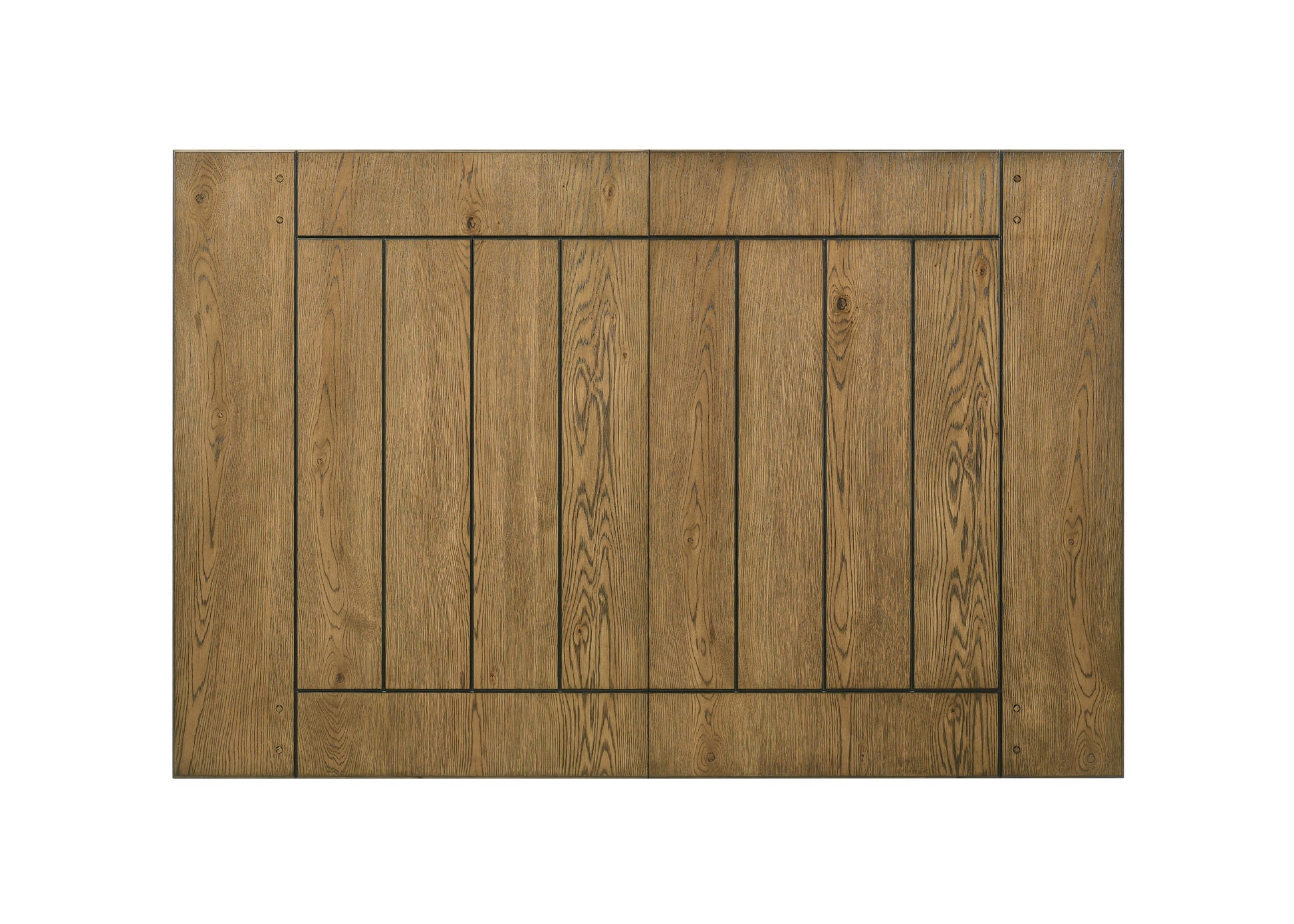 Rustic oak wood table top with plank design and dark metal accents
