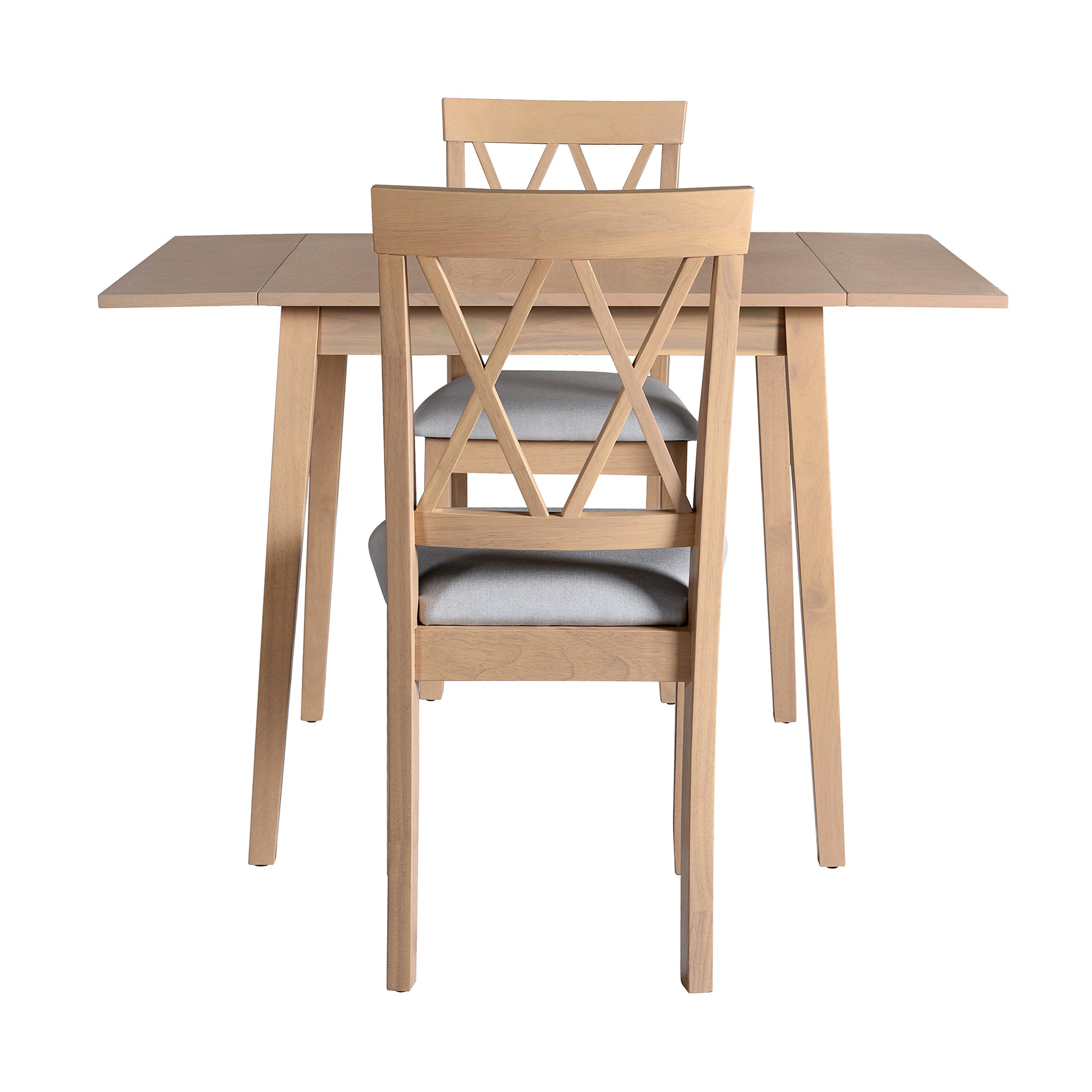 Light oak dining set with grey upholstered chairs and Xback design