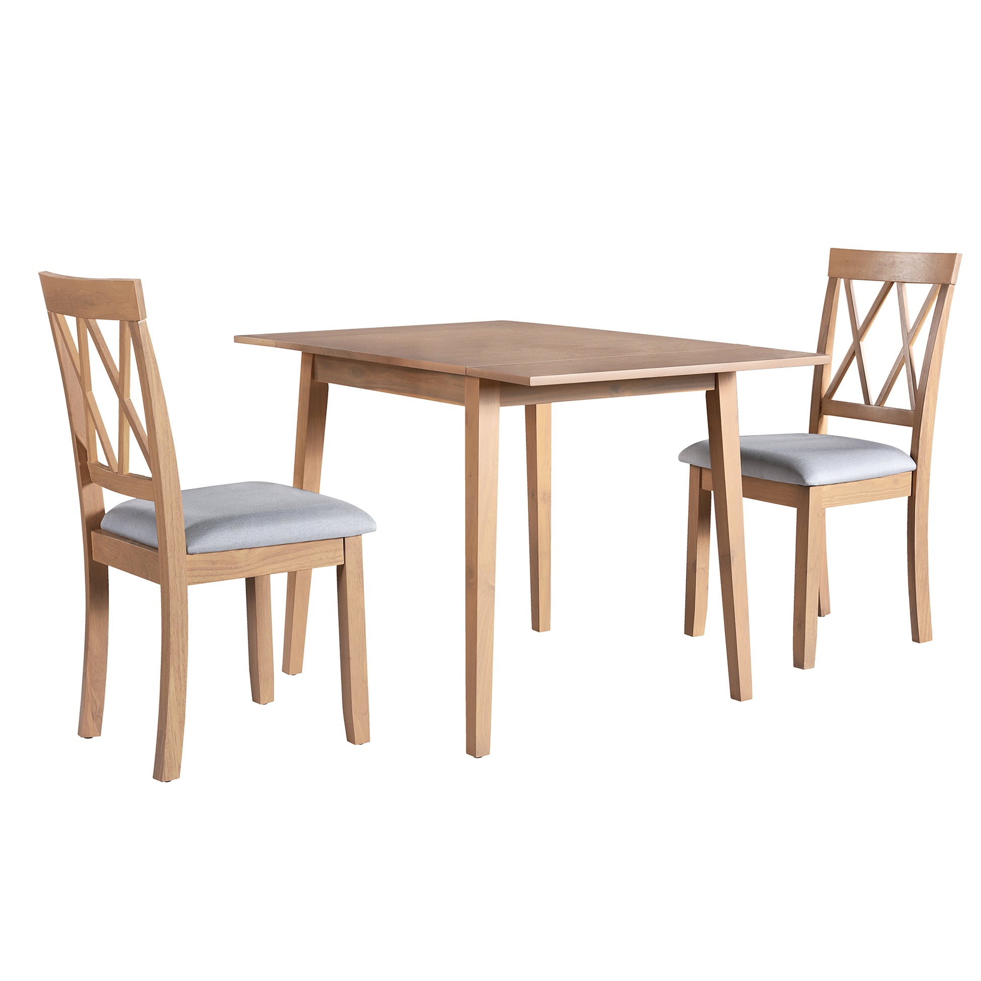 Light oak dining set with two chairs featuring grey upholstered seats