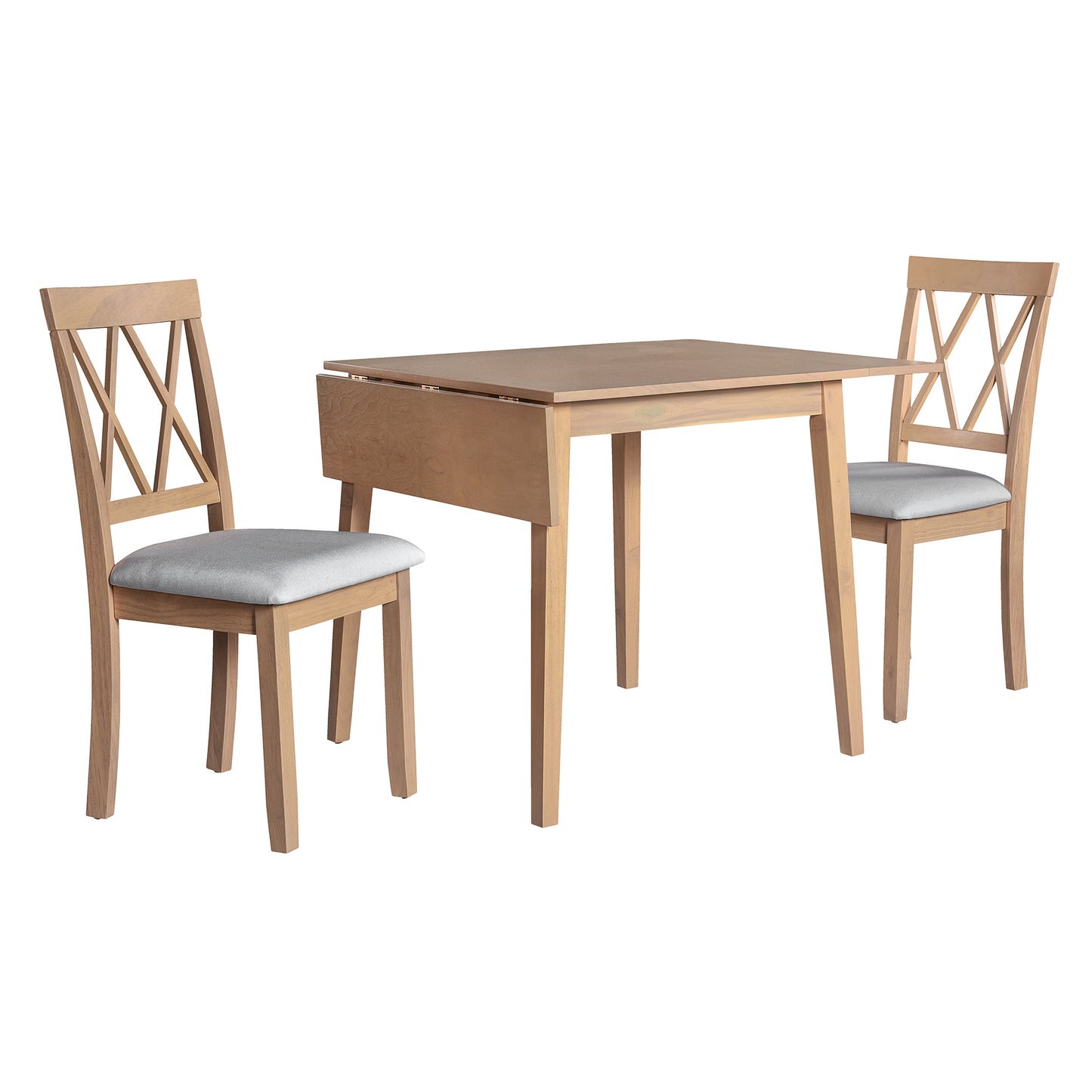 Light wood drop leaf dining table with two grey upholstered chairs
