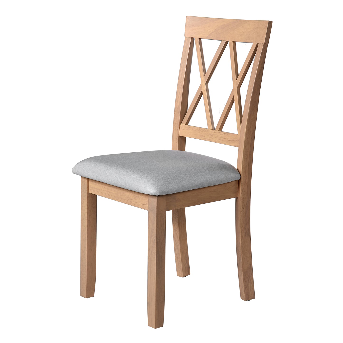 Light oak wood dining chair with grey upholstered seat and crisscross back design
