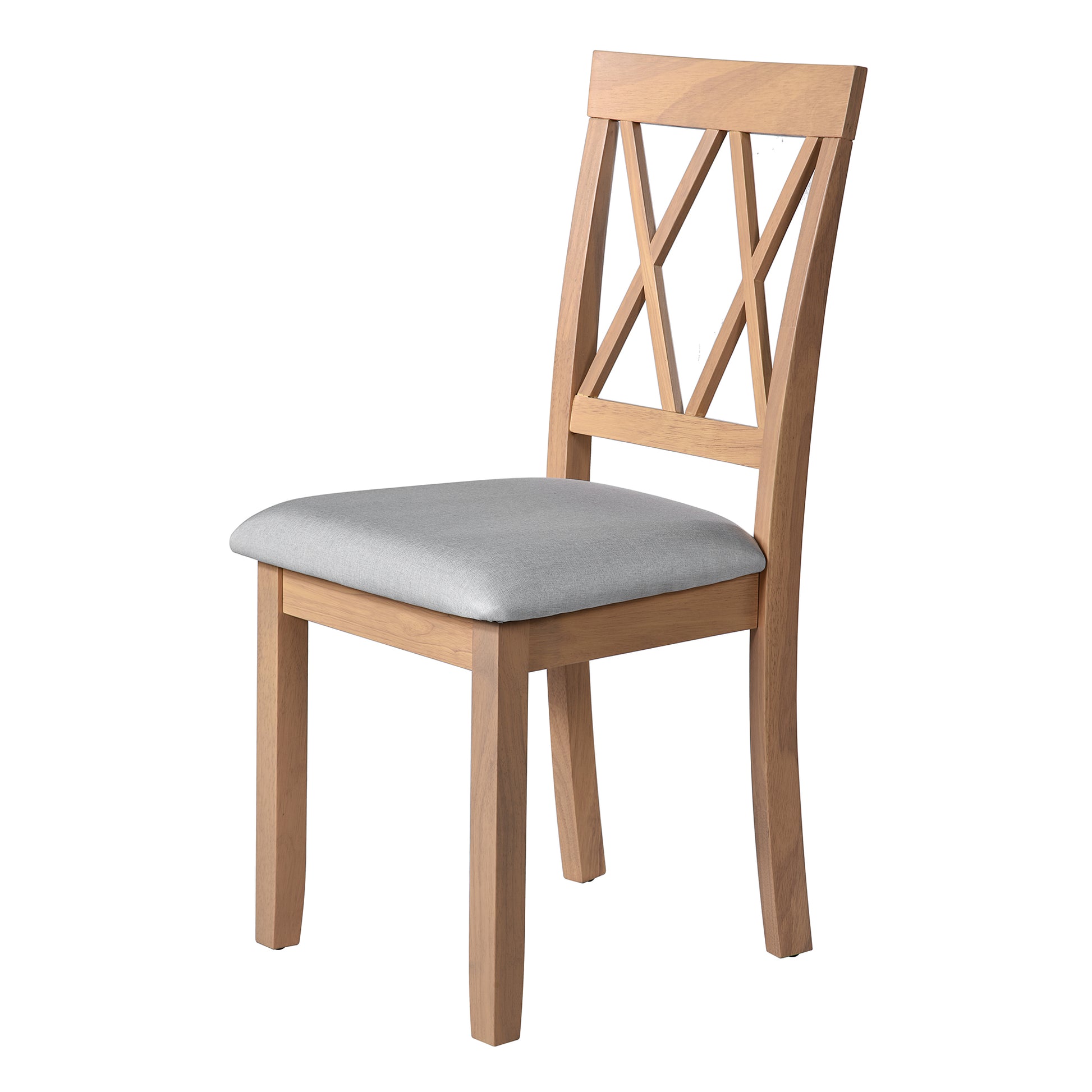 Light oak wood dining chair with grey upholstered seat and crisscross back design