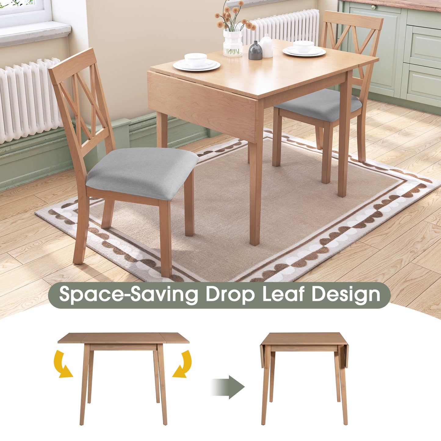Light oak drop leaf dining table with two grey upholstered chairs