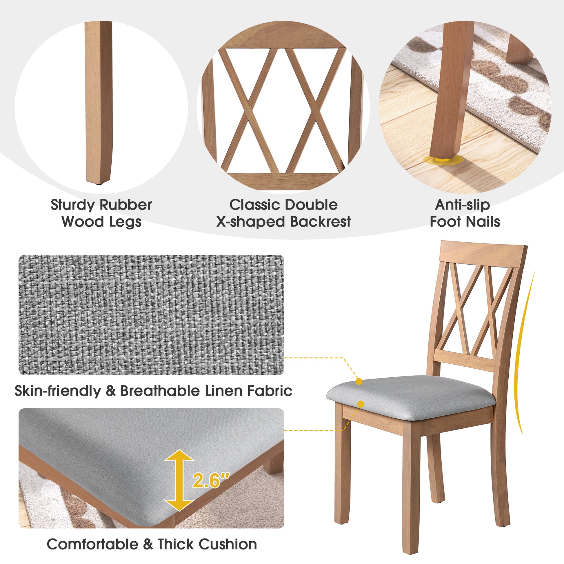 Natural wood dining chair with Xshaped backrest and grey linen cushion