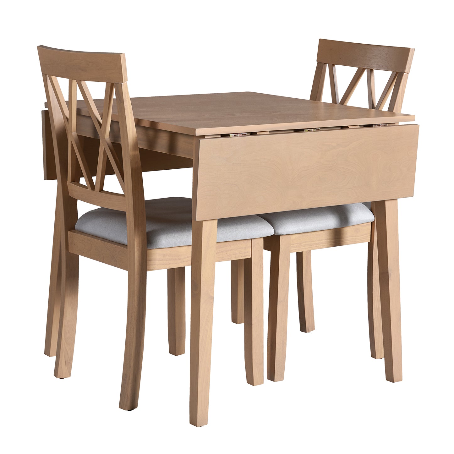 Light wood dropleaf dining table and chairs with grey upholstered seats