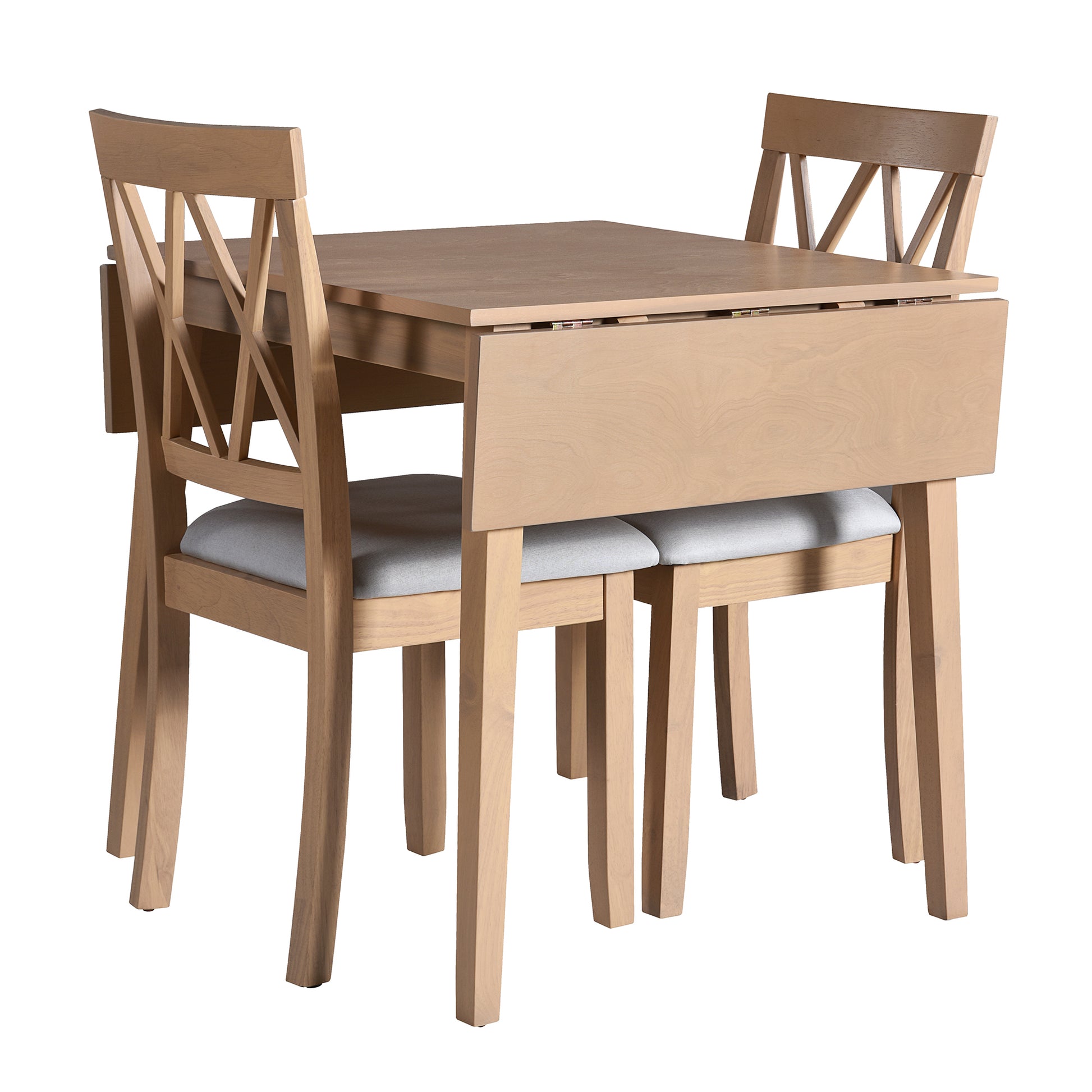 Light wood dropleaf dining table and chairs with grey upholstered seats