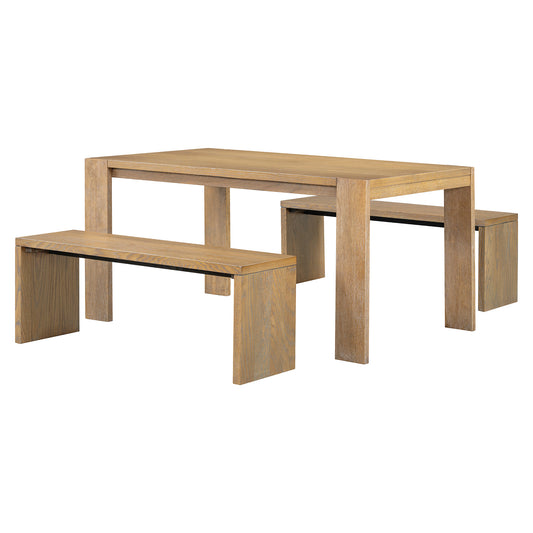 Modern oak dining table and benches set with clean lines